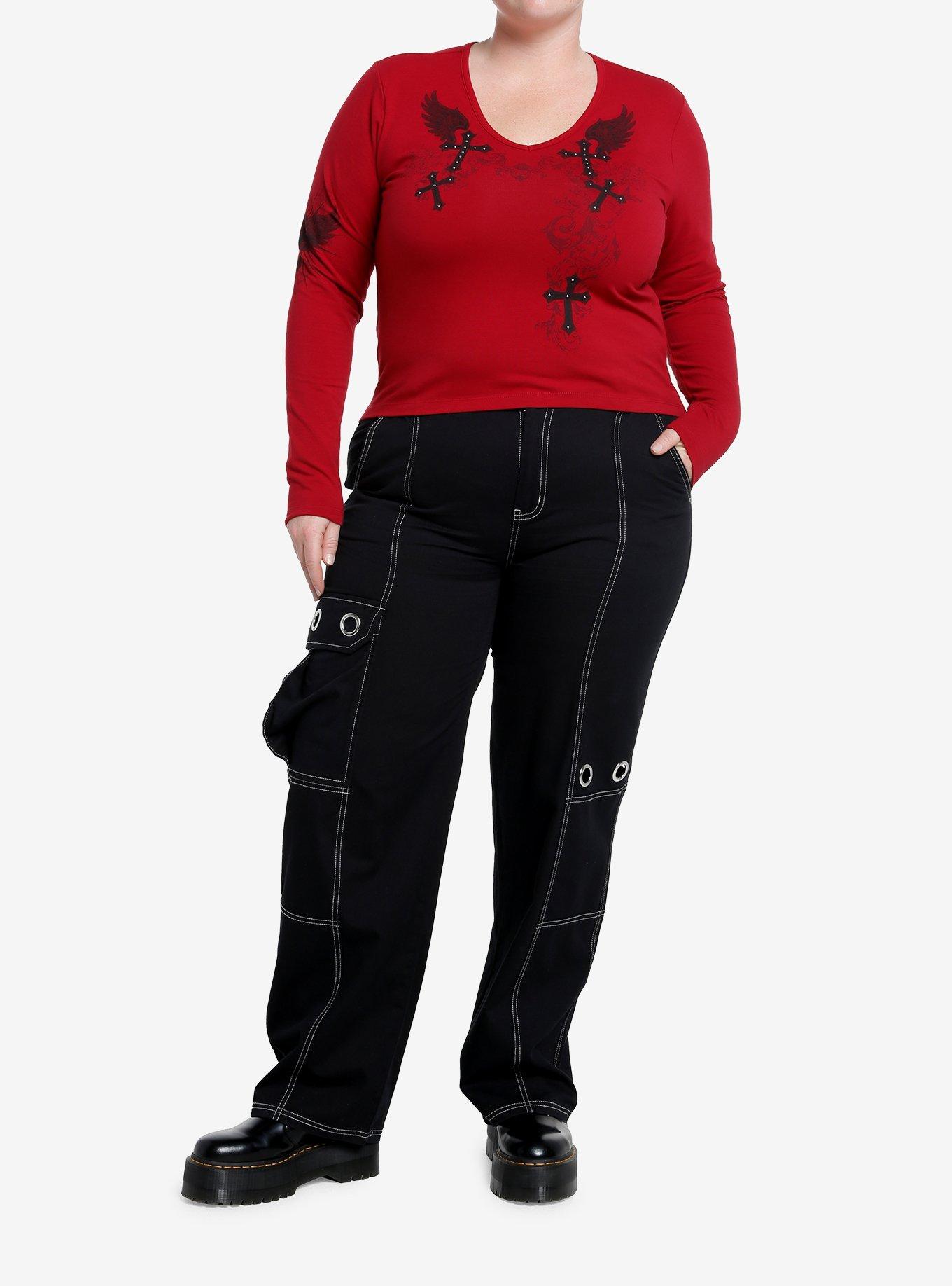 Social Collision Punk Gothic Cross Girls Long-Sleeve Top Plus Size, BURGUNDY, alternate