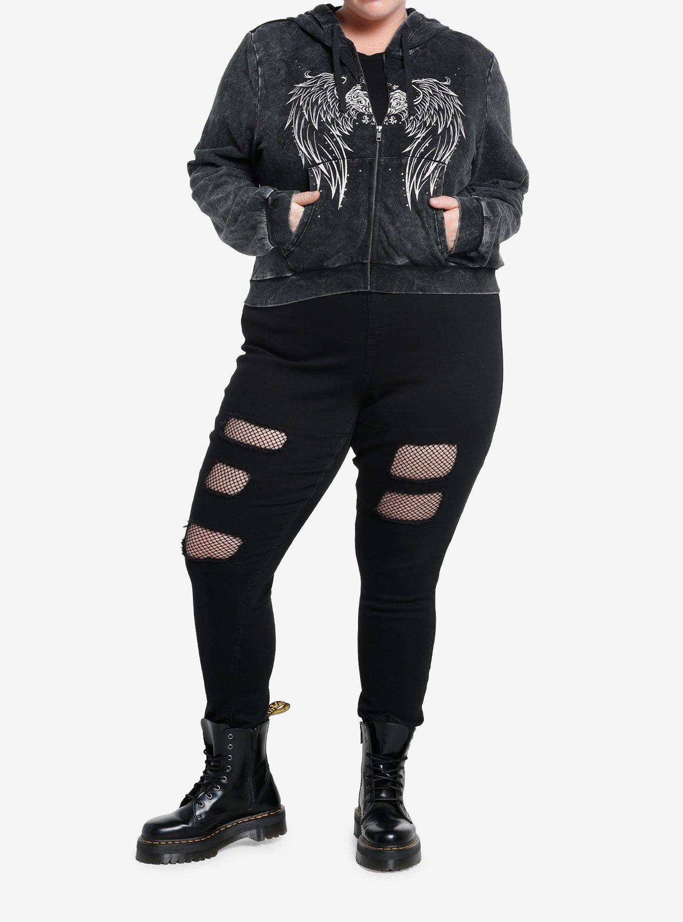 Social Collision Winged Heart Bejeweled Dark Wash Crop Girls Hoodie Plus Size, BLACK, alternate