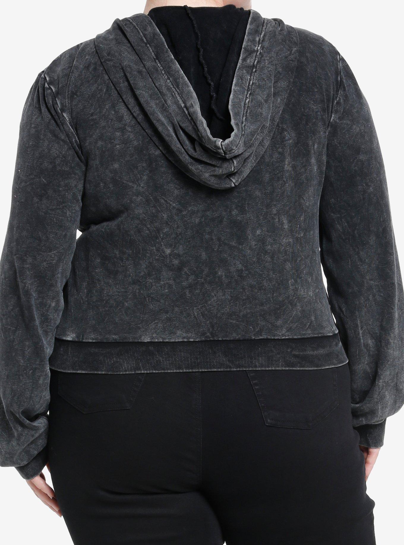 Social Collision Winged Heart Bejeweled Dark Wash Crop Girls Hoodie Plus Size, BLACK, alternate