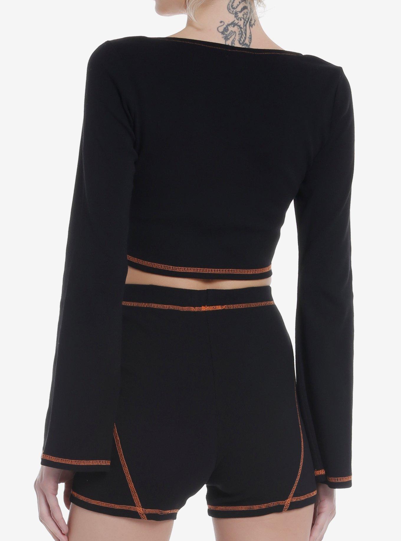 Black & Orange Stitch Skull Bell Sleeve Girls Top, BLACK, alternate