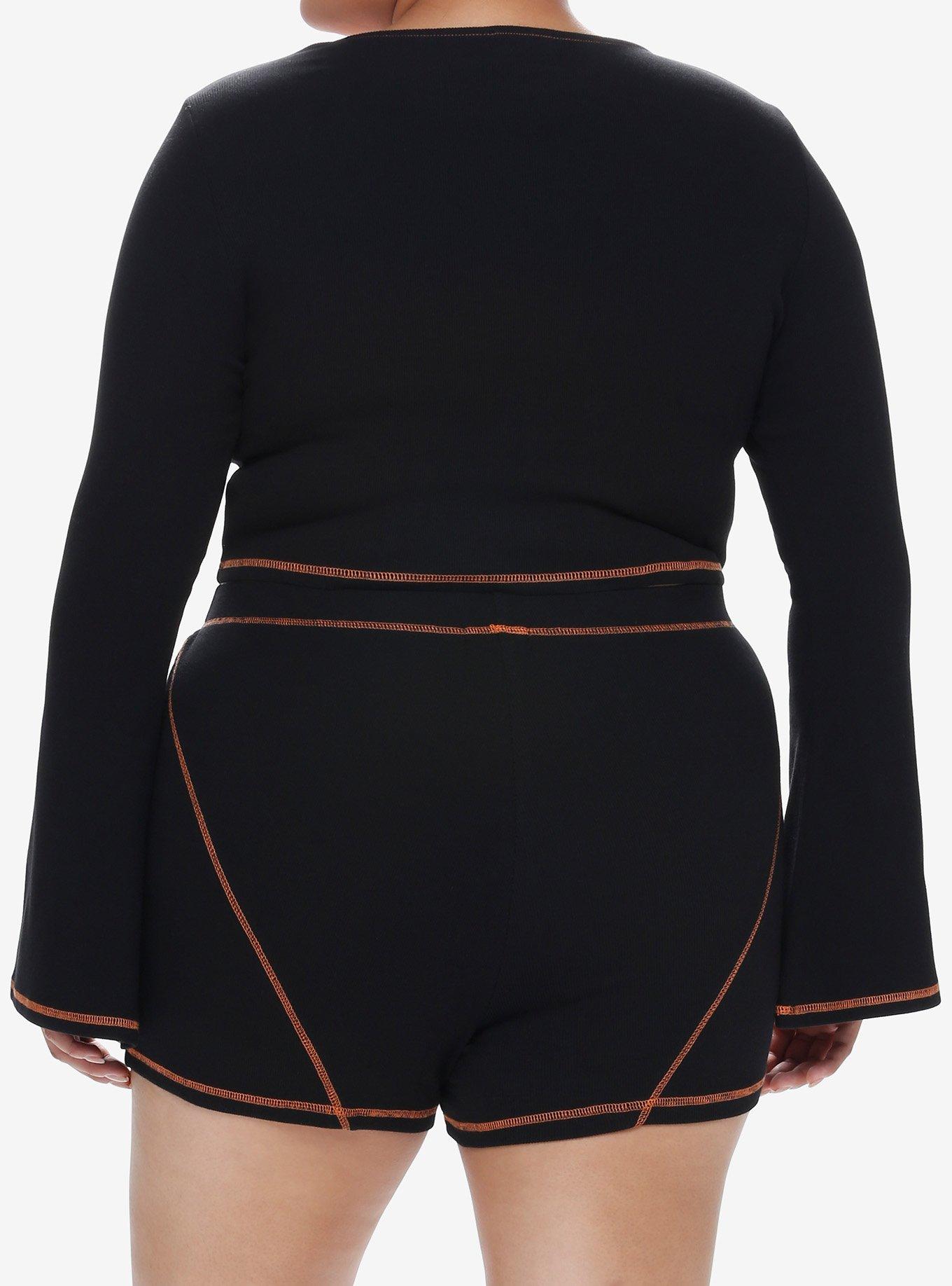 Social Collision Black & Orange Stitch Skull Bell Sleeve Girls Top Plus Size, BLACK, alternate