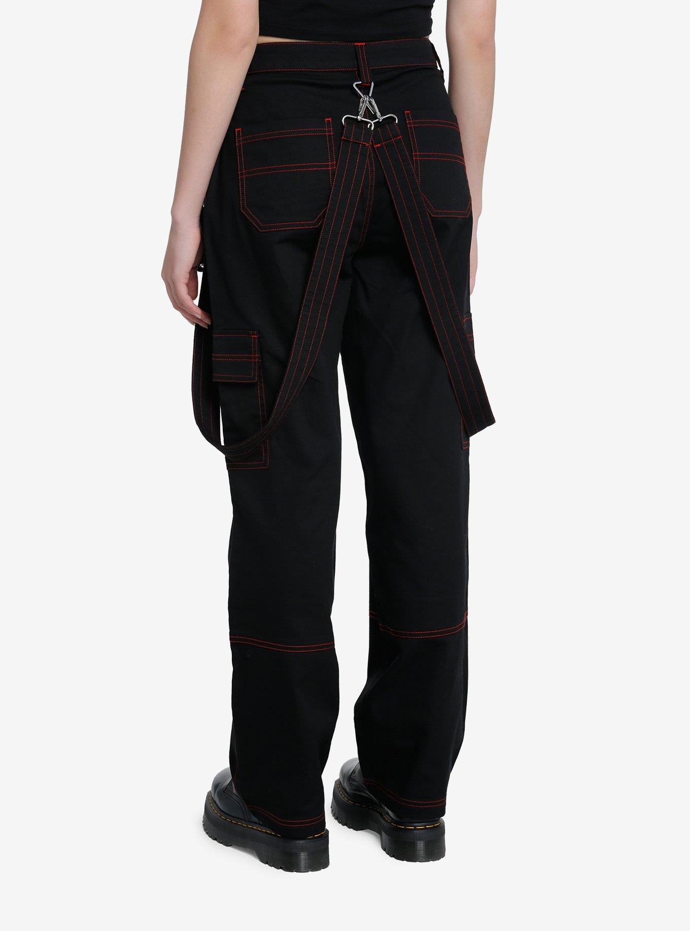 Red Stitch Black Cargo Suspender Pants, BLACK  RED, alternate