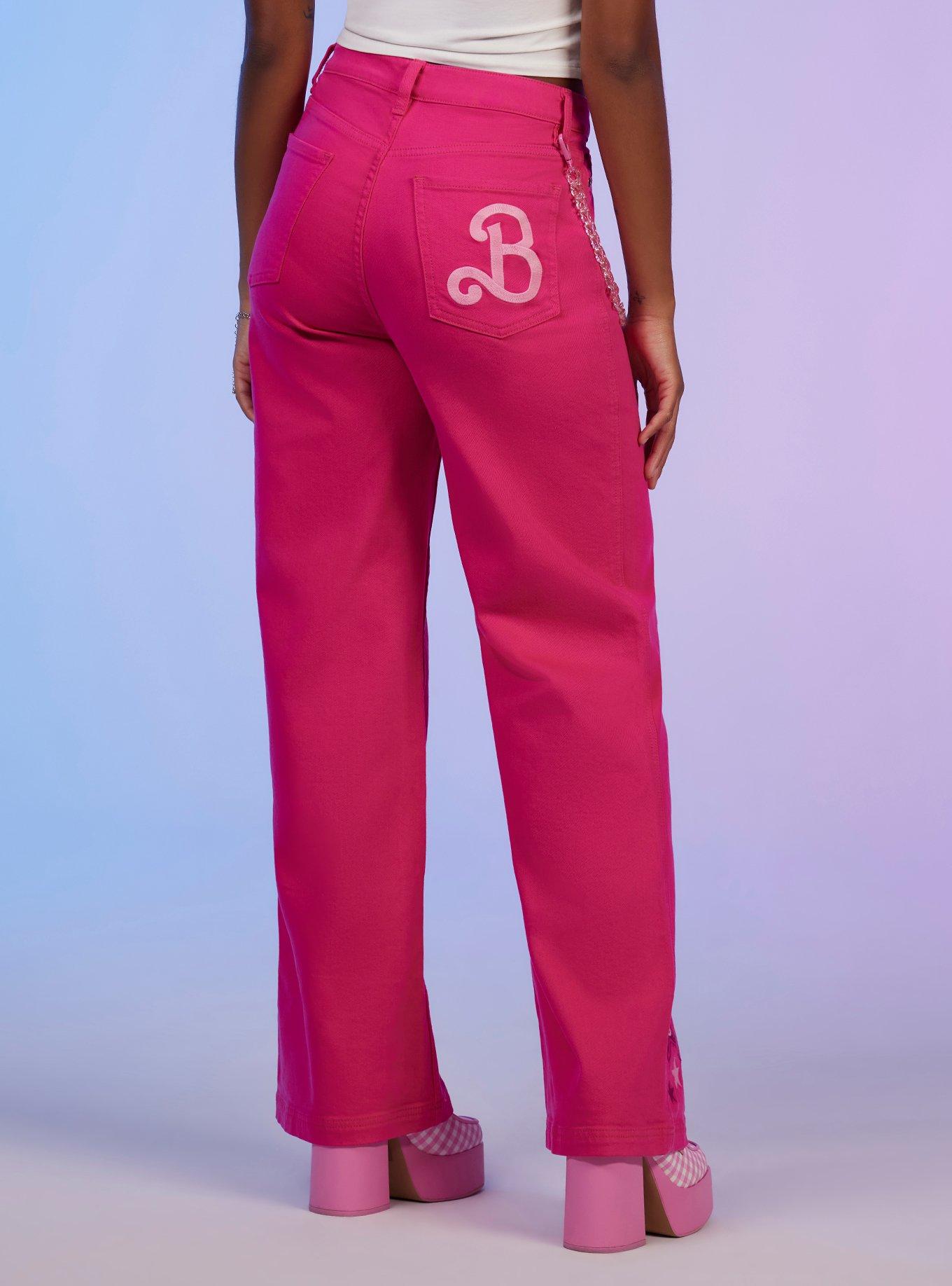Barbie Hot Pink Star Chain High-Waisted Denim Pants, WHITE, alternate