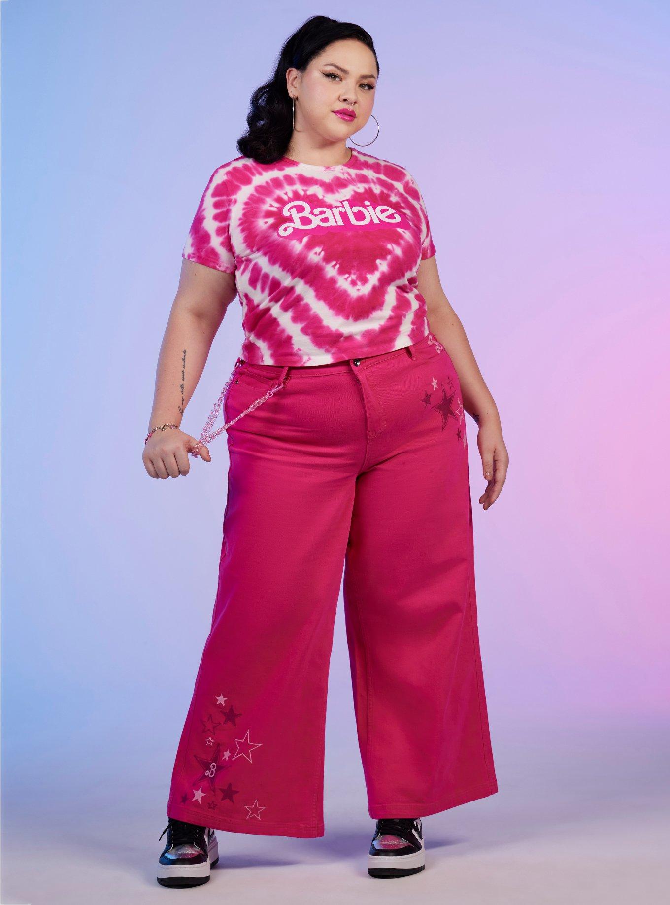 Barbie Hot Pink Star Chain High-Waisted Denim Pants Plus Size, WHITE, alternate