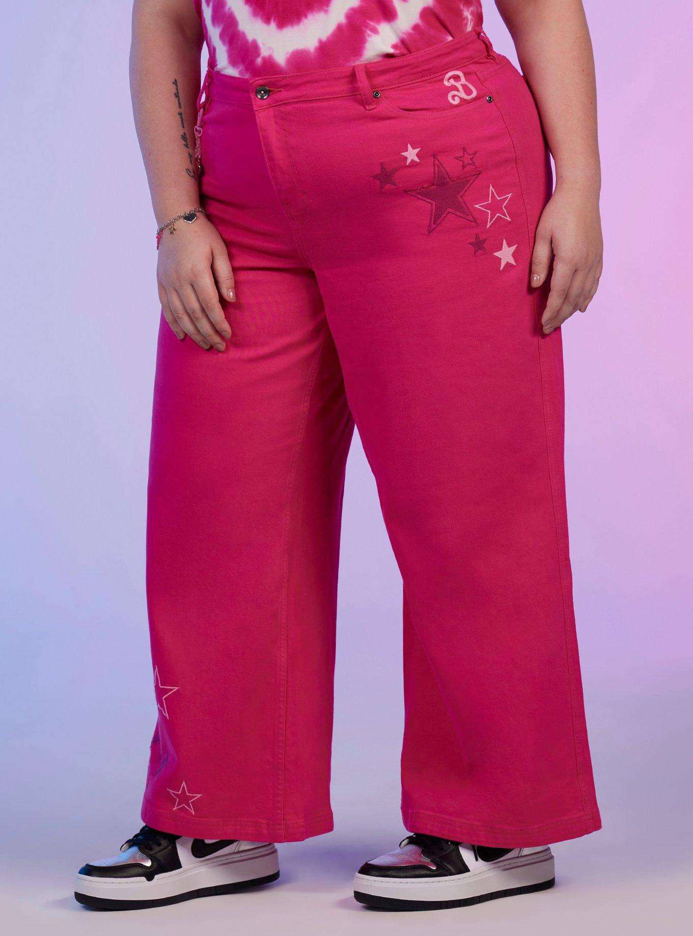 Barbie Hot Pink Star Chain High-Waisted Denim Pants Plus Size, WHITE, alternate