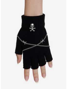 Skull Barbed Wire Chain Fingerless Gloves, , hi-res
