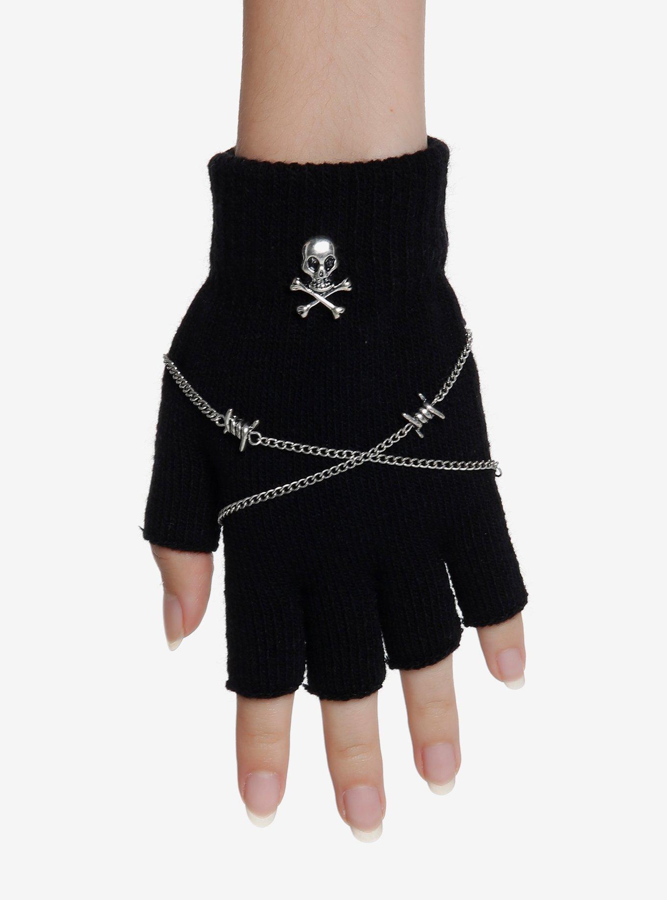 Skull Barbed Wire Chain Fingerless Gloves, , alternate