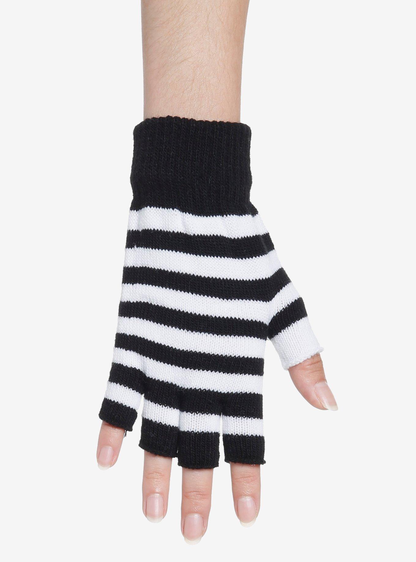 Black & White Stripe Fingerless Gloves, , alternate
