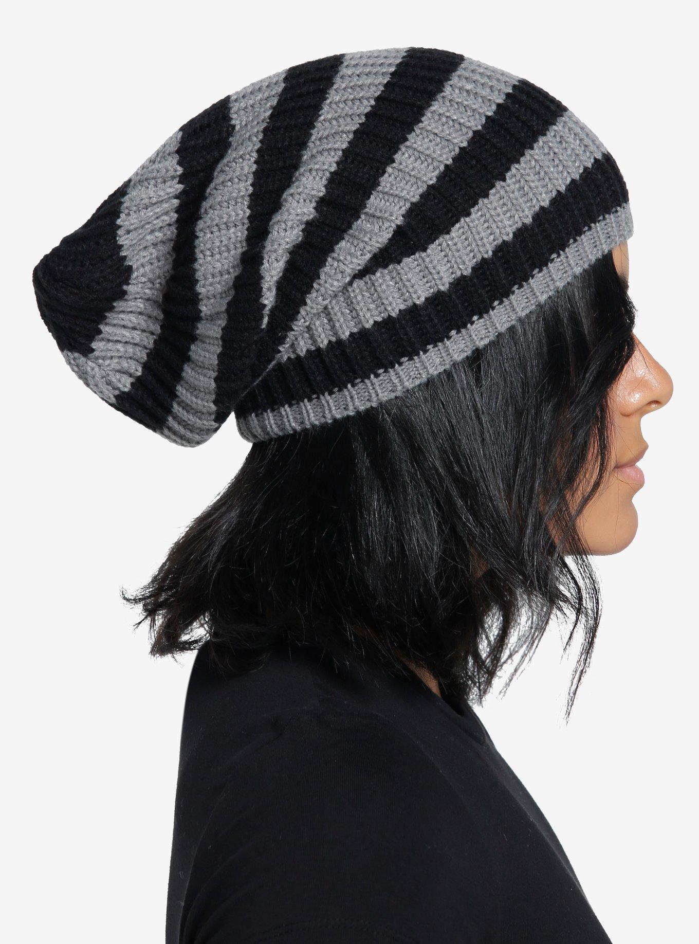 Black & Grey Stripe Knit Beanie, , hi-res