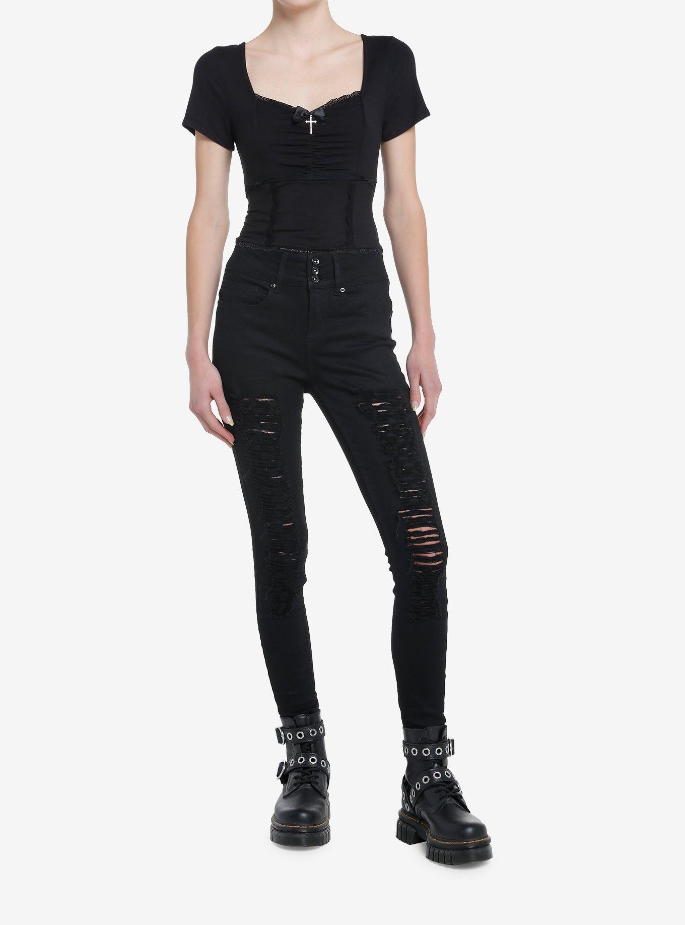 Cosmic Aura Black Cross Ruched Girls Crop Top, BLACK, alternate