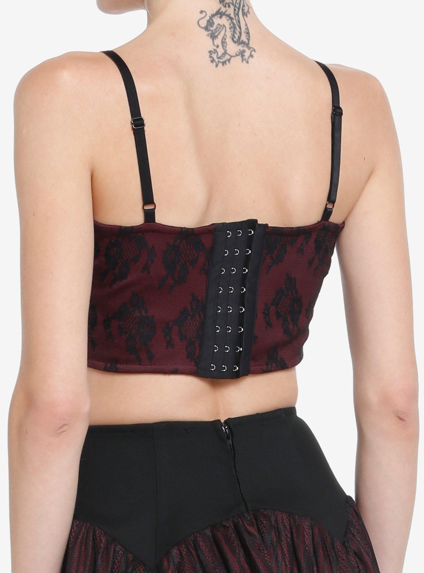 Cosmic Aura Burgundy Lace Cross Girls Crop Corset, RED, alternate