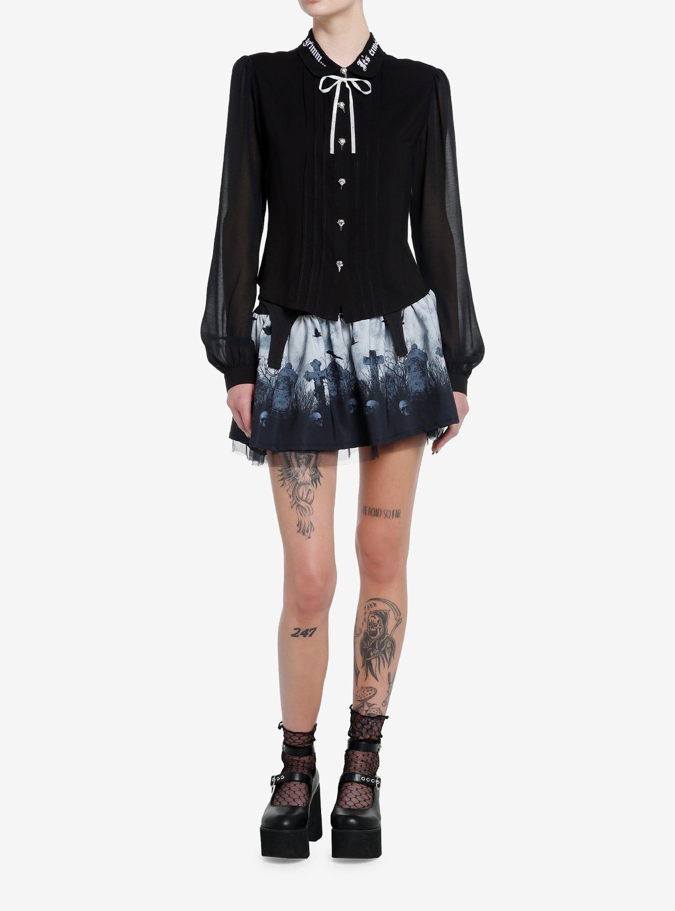 Thorn & Fable Dark Fairy Tale Mesh Girls Long-Sleeve Woven Button-Up, BLACK, alternate