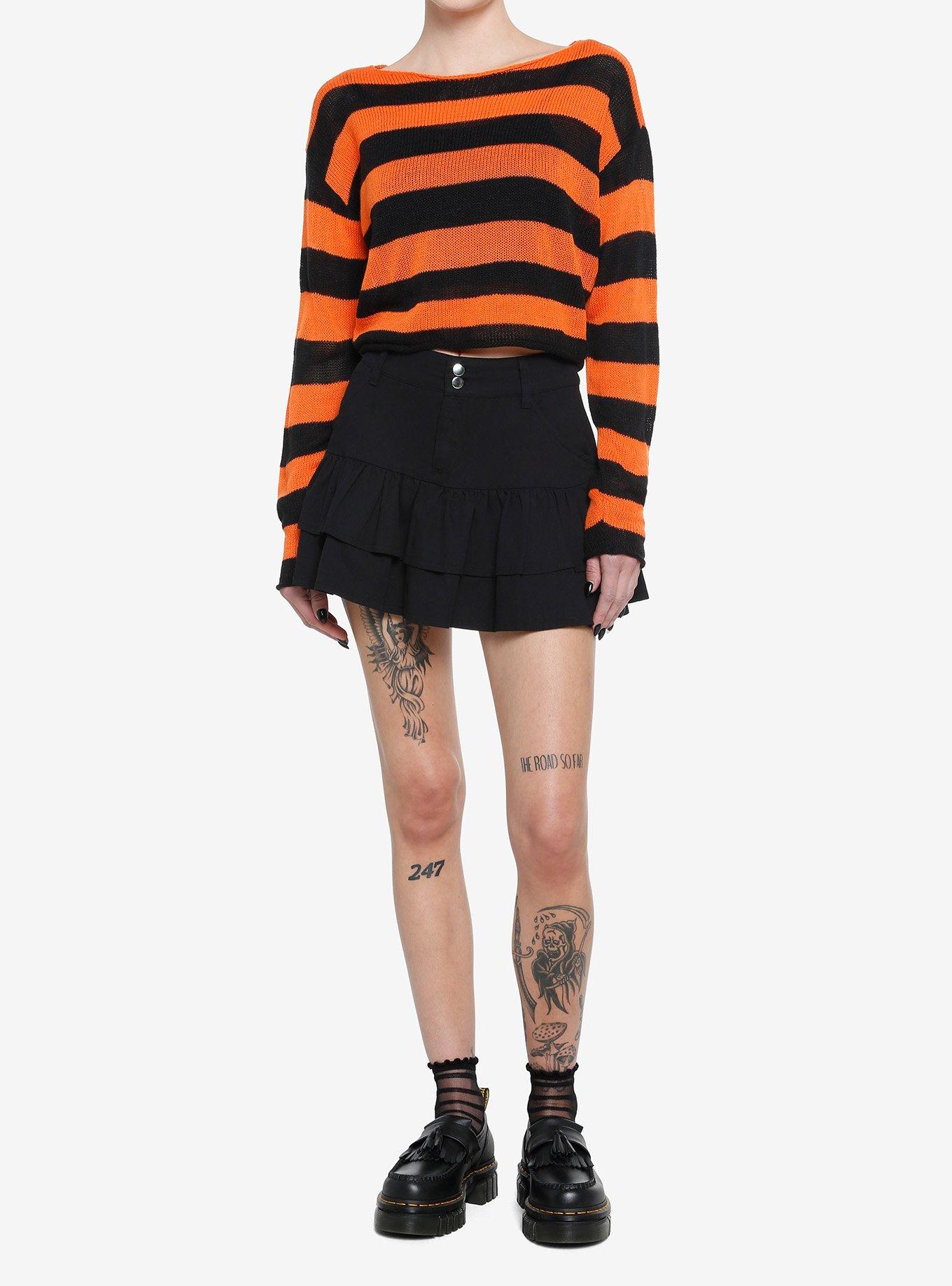 Social Collision Black & Orange Stripe Girls Crop Sweater, STRIPES - ORANGE, alternate
