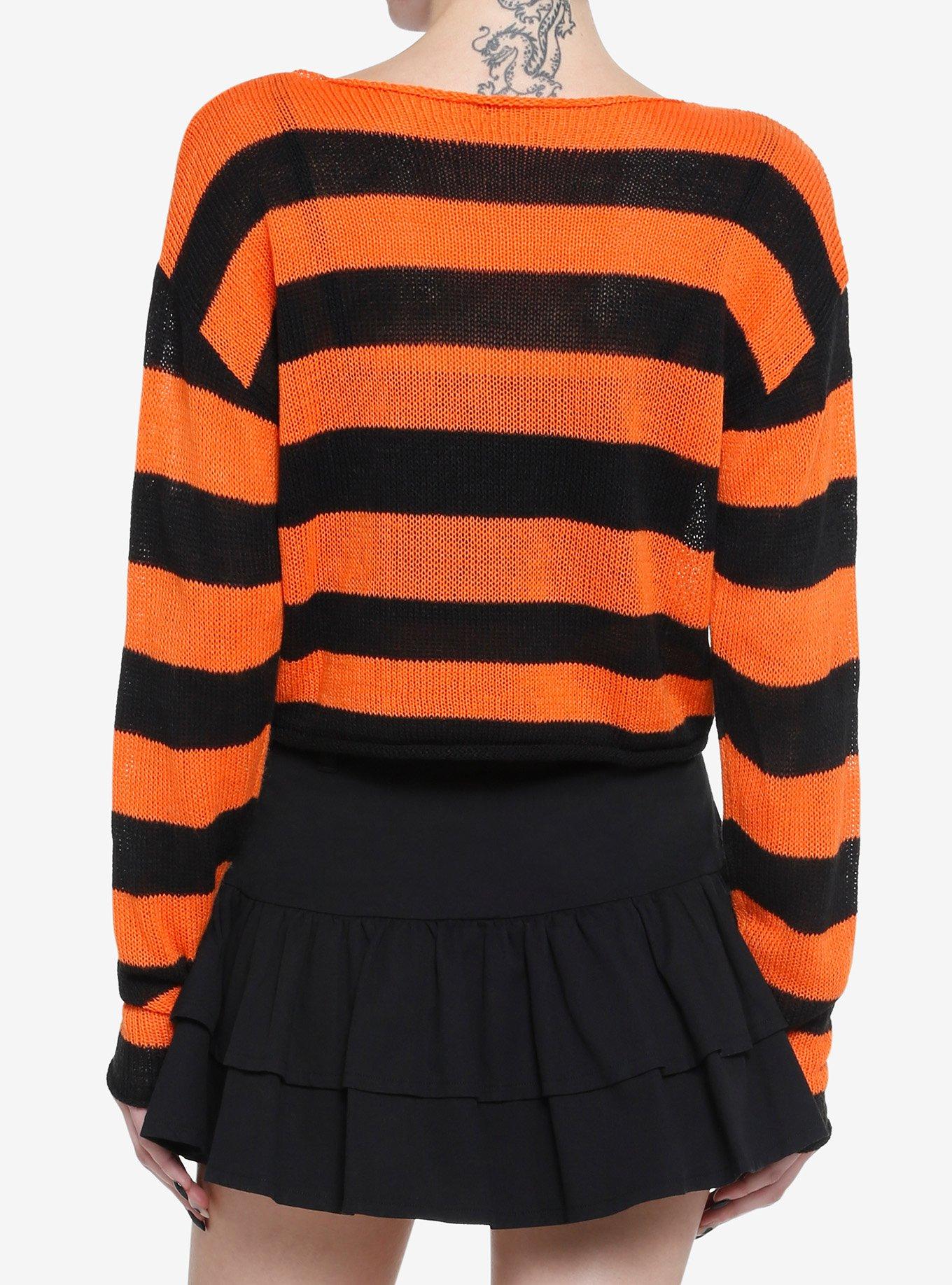 Social Collision Black & Orange Stripe Girls Crop Sweater, STRIPES - ORANGE, alternate