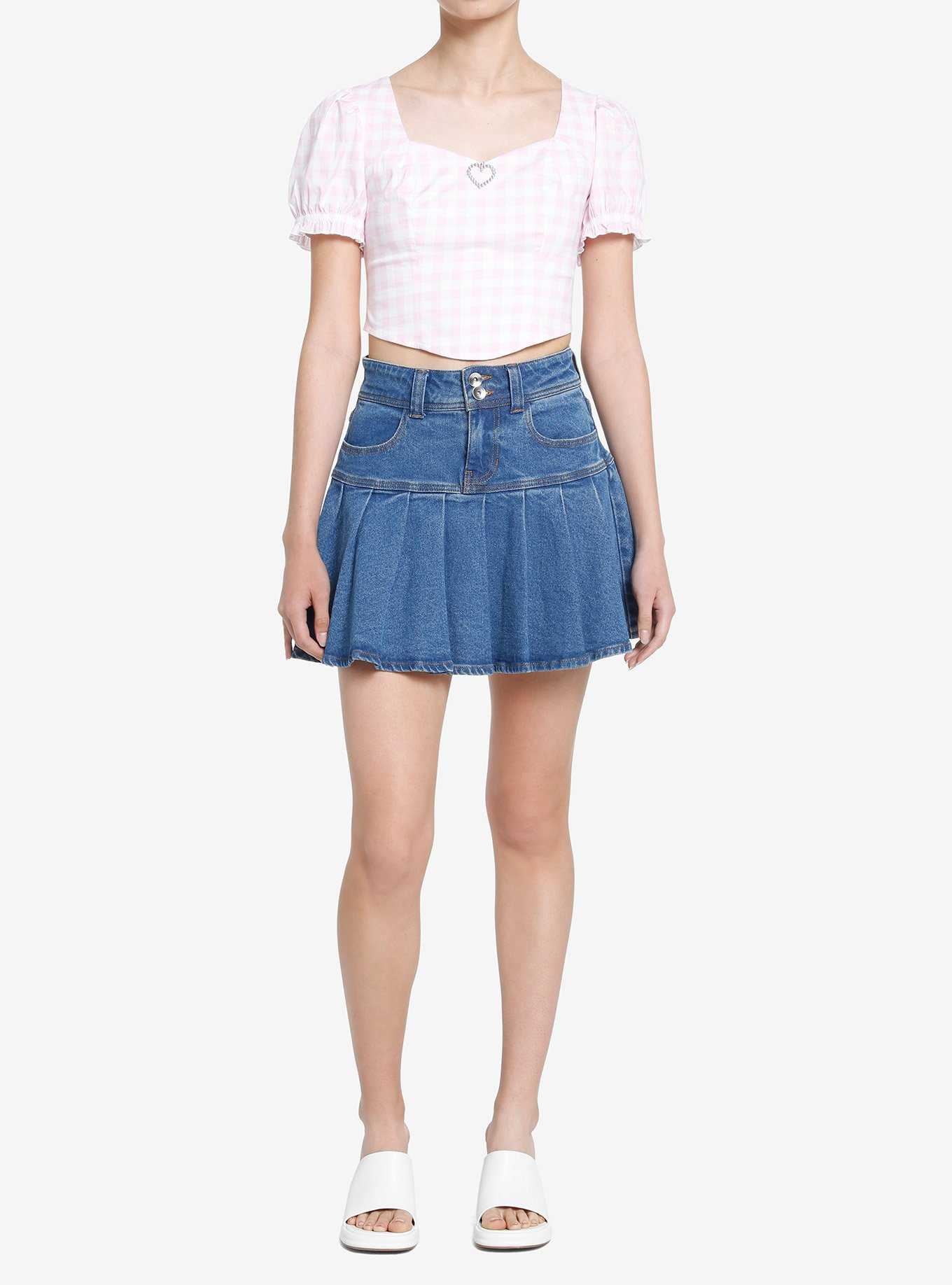 Pink Gingham Heart Pendant Girls Crop Top, , hi-res