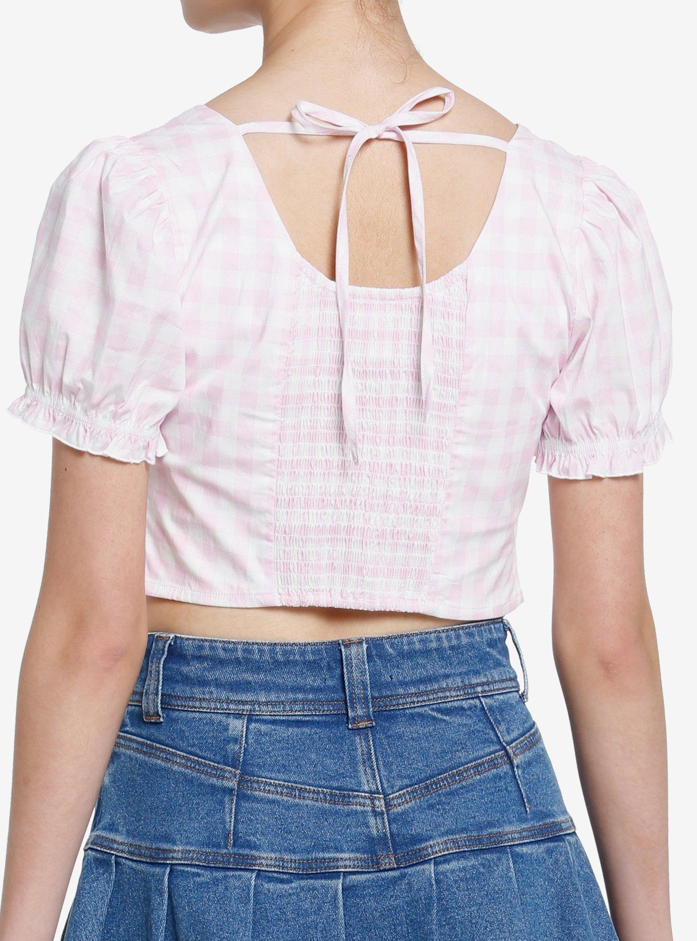 Pink Gingham Heart Pendant Girls Crop Top, GINGHAM - IVORY, alternate