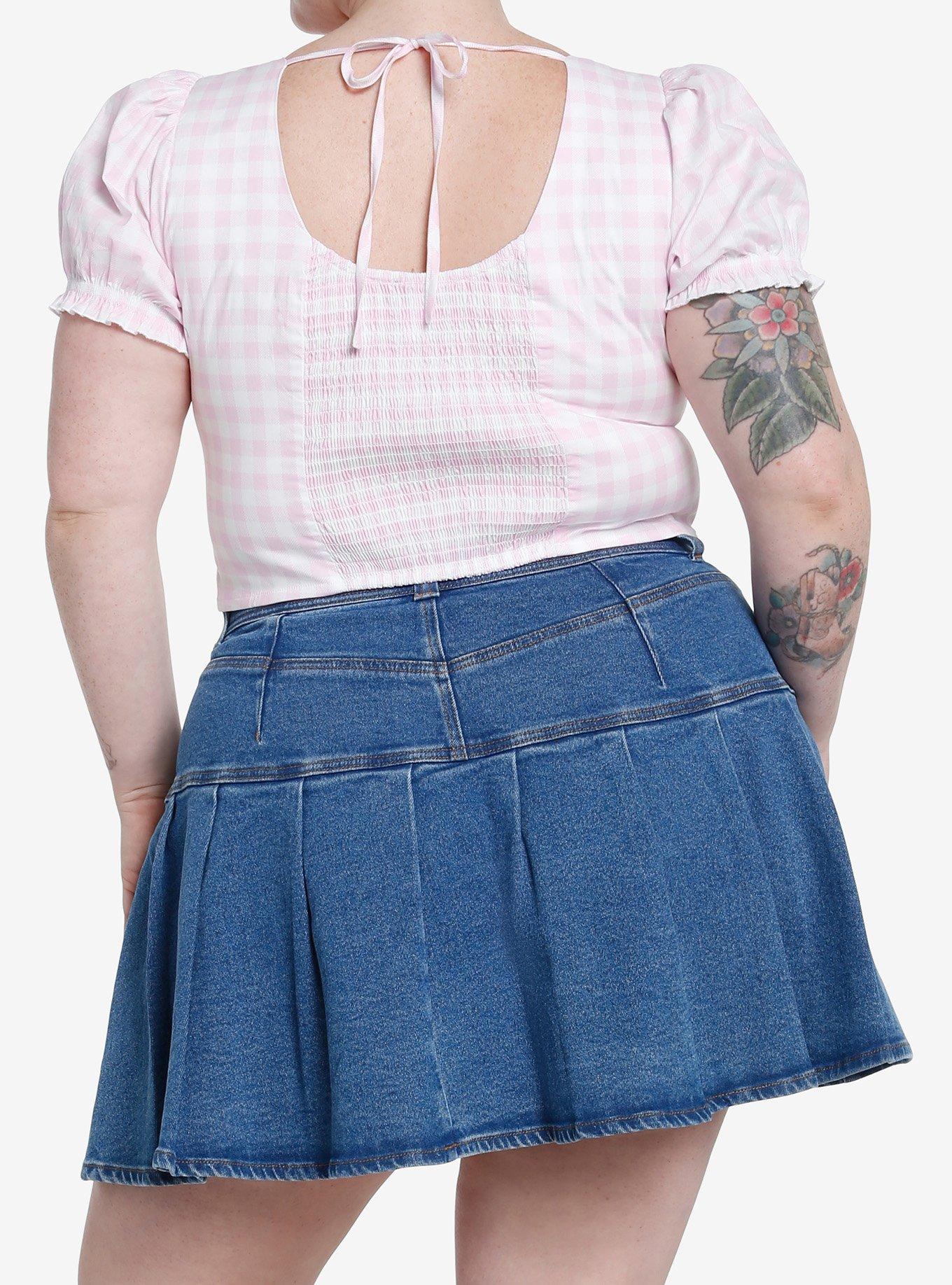 Pink Gingham Heart Pendant Girls Crop Top Plus Size, GINGHAM - IVORY, alternate