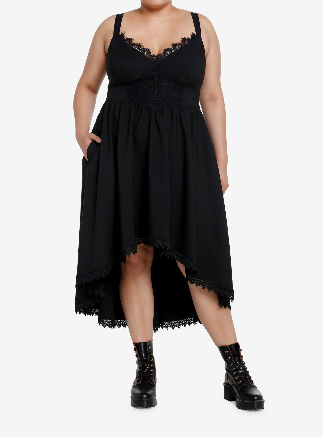 Thorn & Fable Black Lace Cross Hi-Low Dress Plus Size, , hi-res