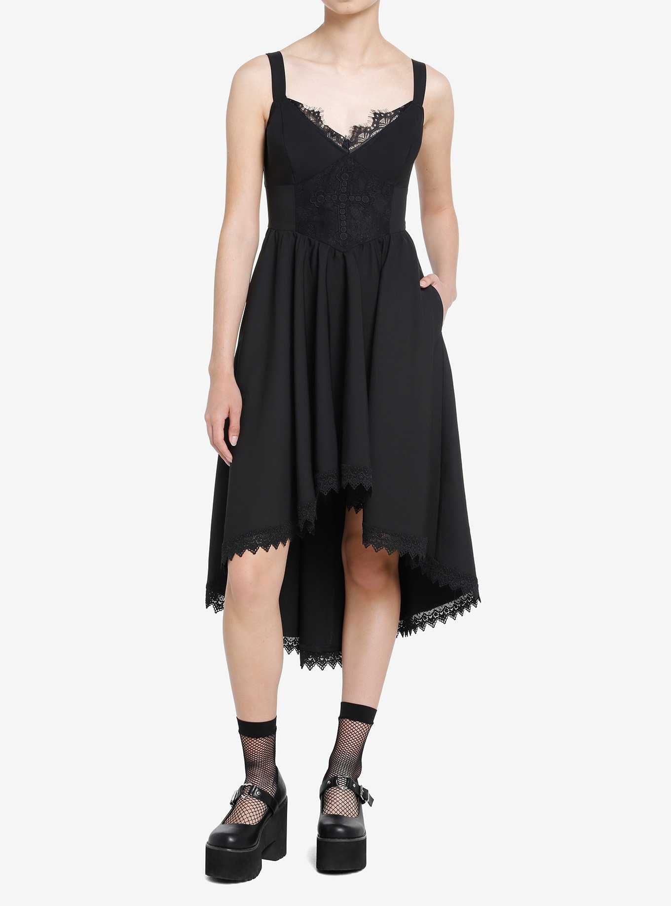 Thorn & Fable Black Lace Cross Hi-Low Dress, , hi-res