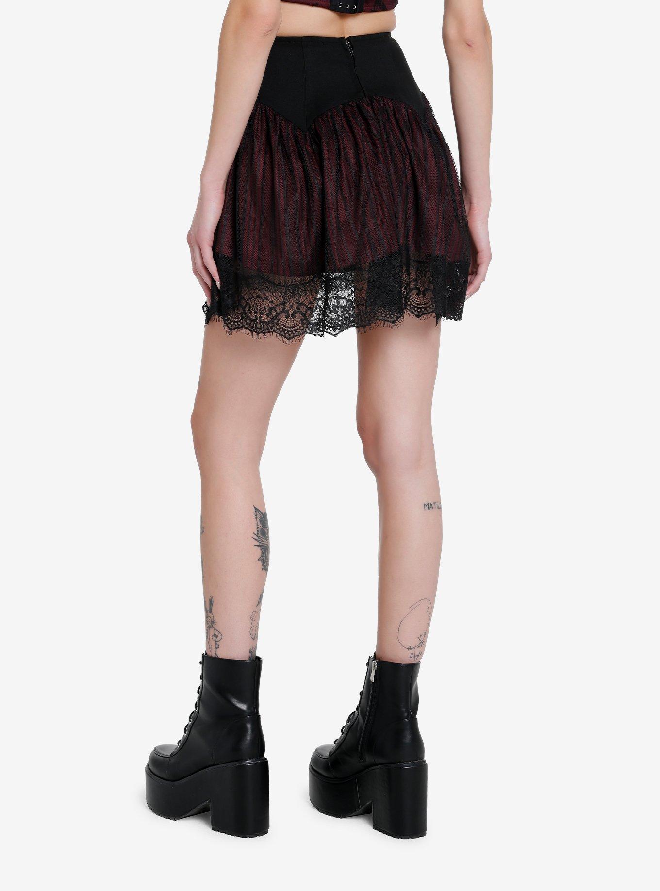Thorn & Fable Burgundy & Black Lace Mesh Skirt, BLACK, alternate