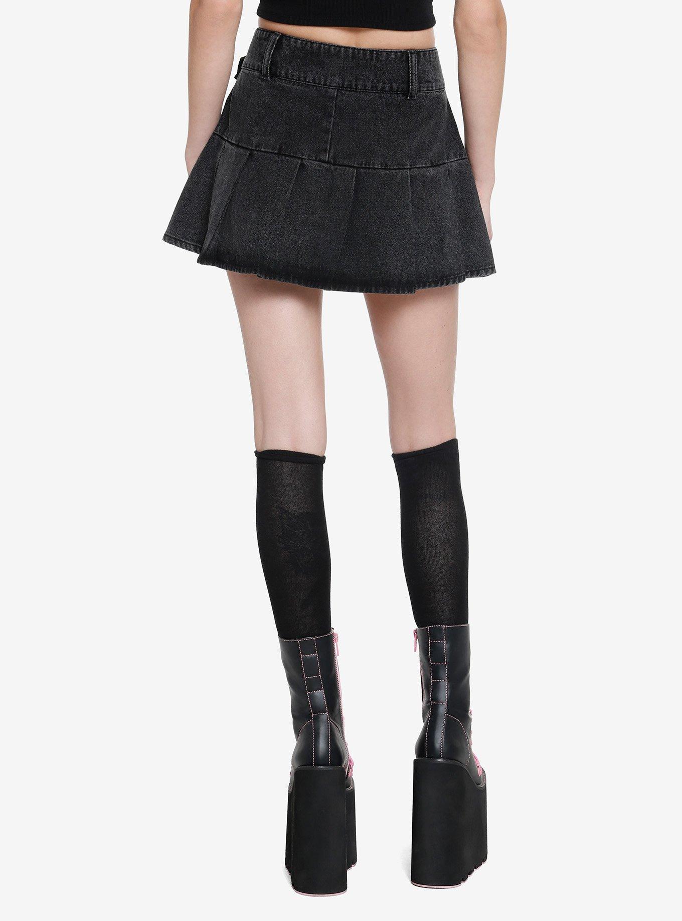 Social Collision Black Lace-Up Pleated Denim Skirt, , hi-res