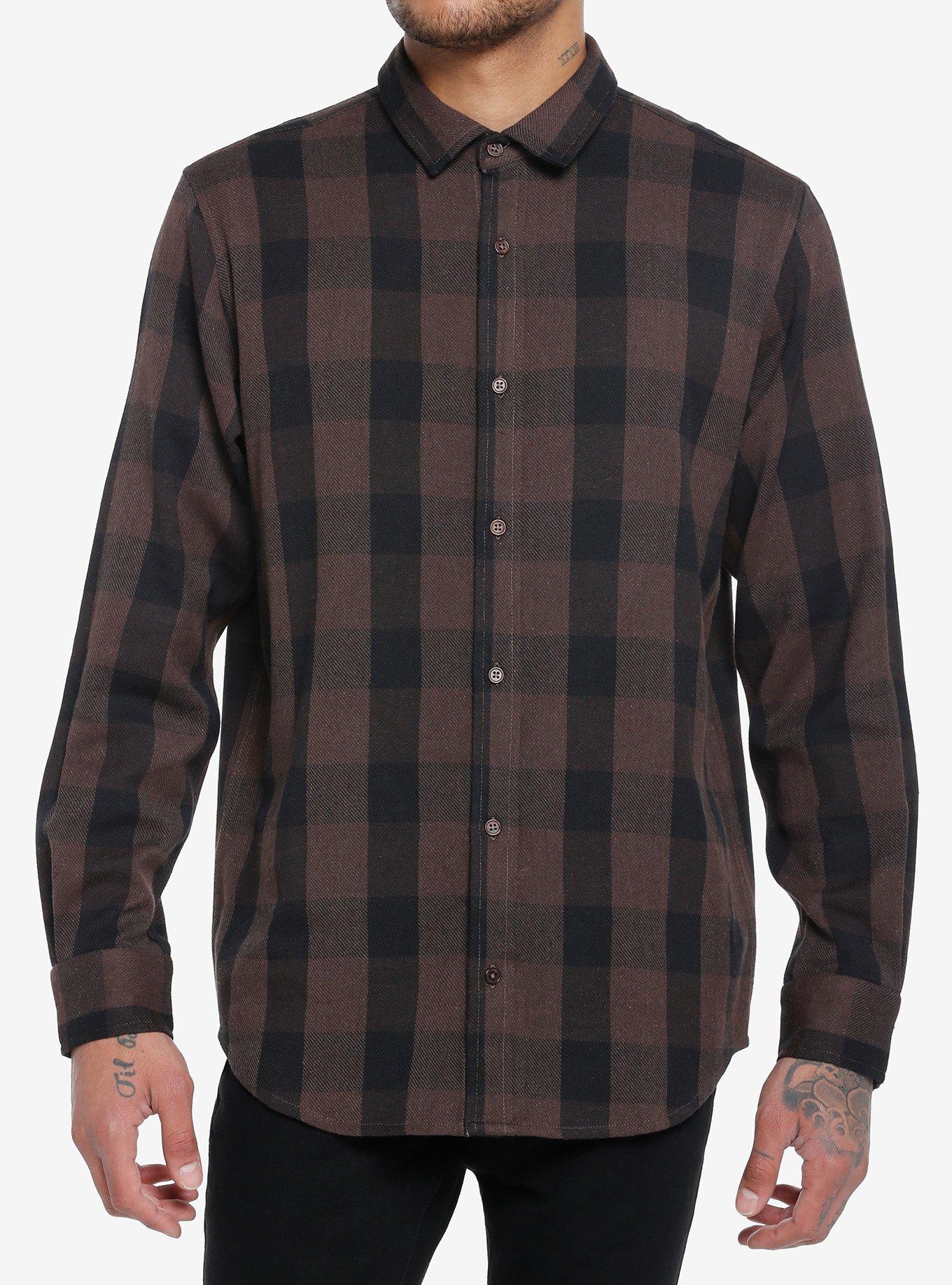 Brown Plaid Skull Rip Woven Button-Up, BROWN, alternate