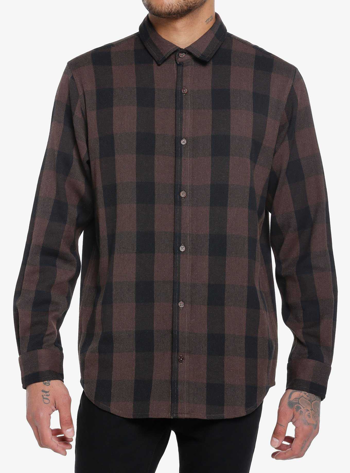 Brown Plaid Skull Rip Woven Button-Up, , hi-res
