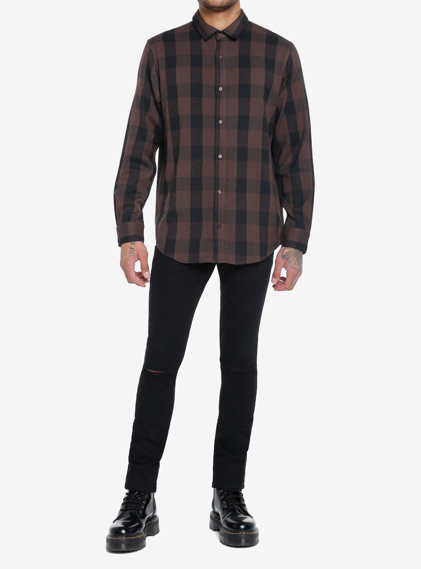 Brown Plaid Skull Rip Woven Button-Up, BROWN, alternate