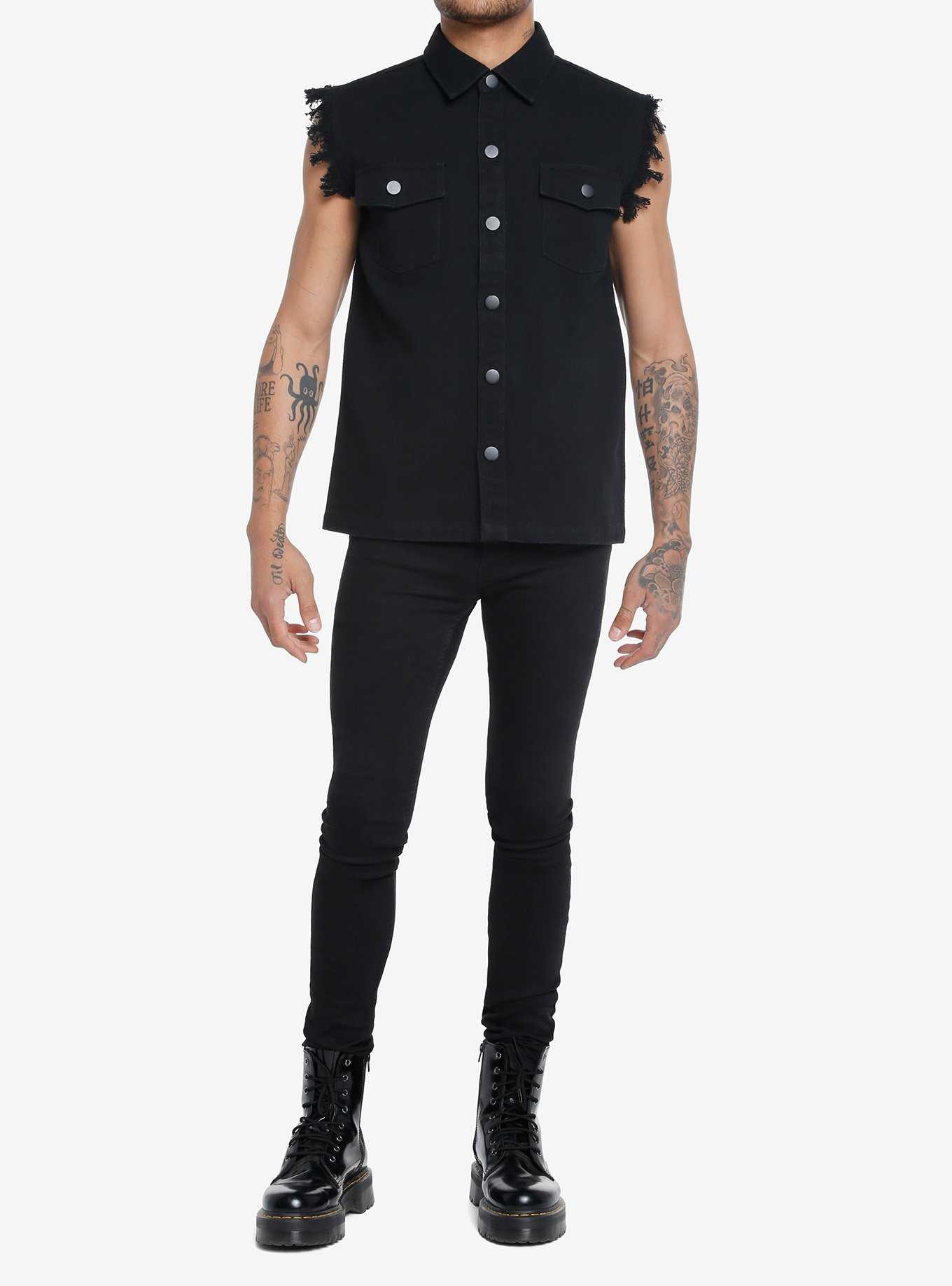 Black Denim Fringe Sleeveless Vest, , hi-res