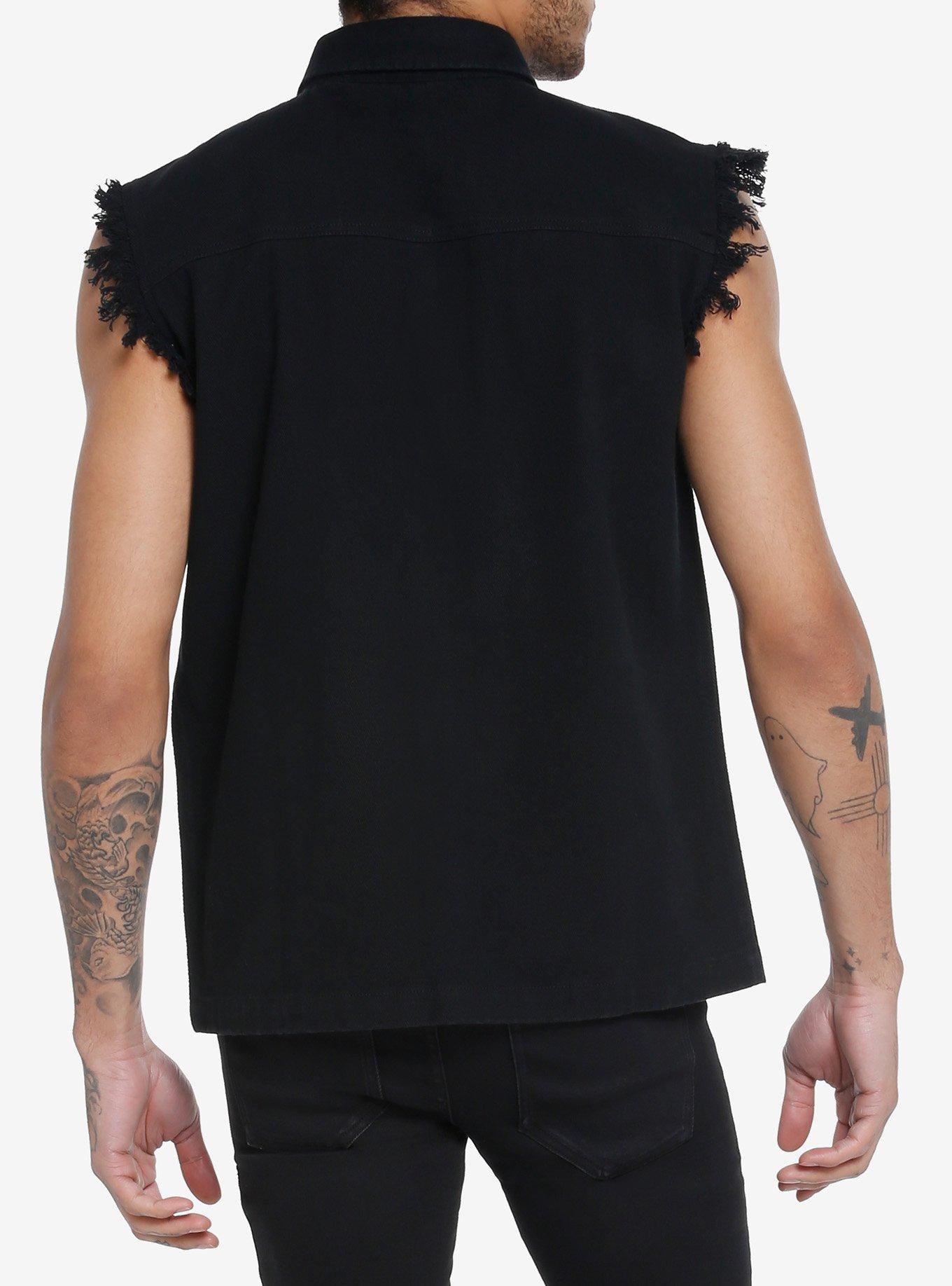 Black Denim Fringe Sleeveless Vest, BLACK, alternate