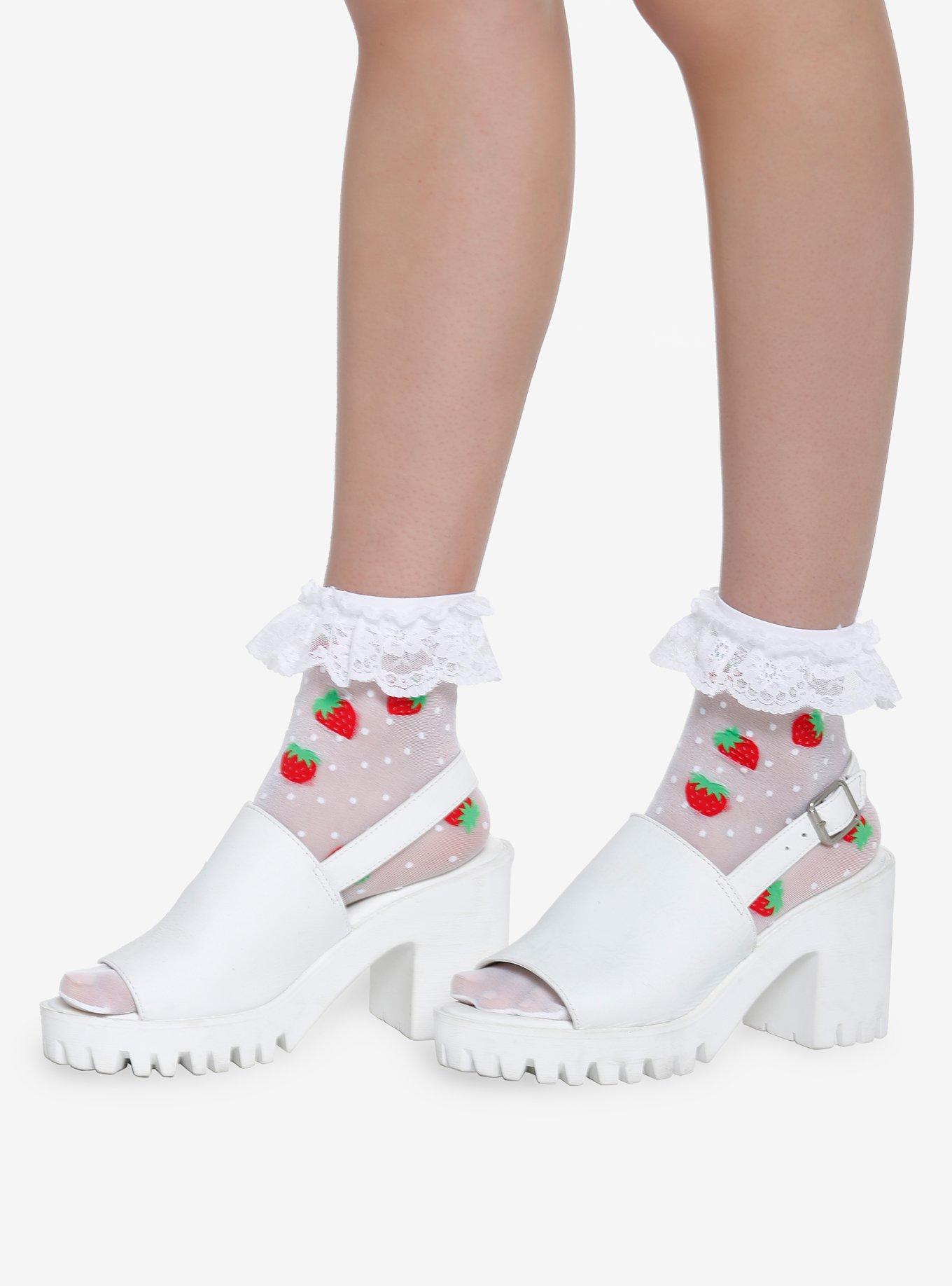 White Strawberry Lace Ankle Socks, , alternate