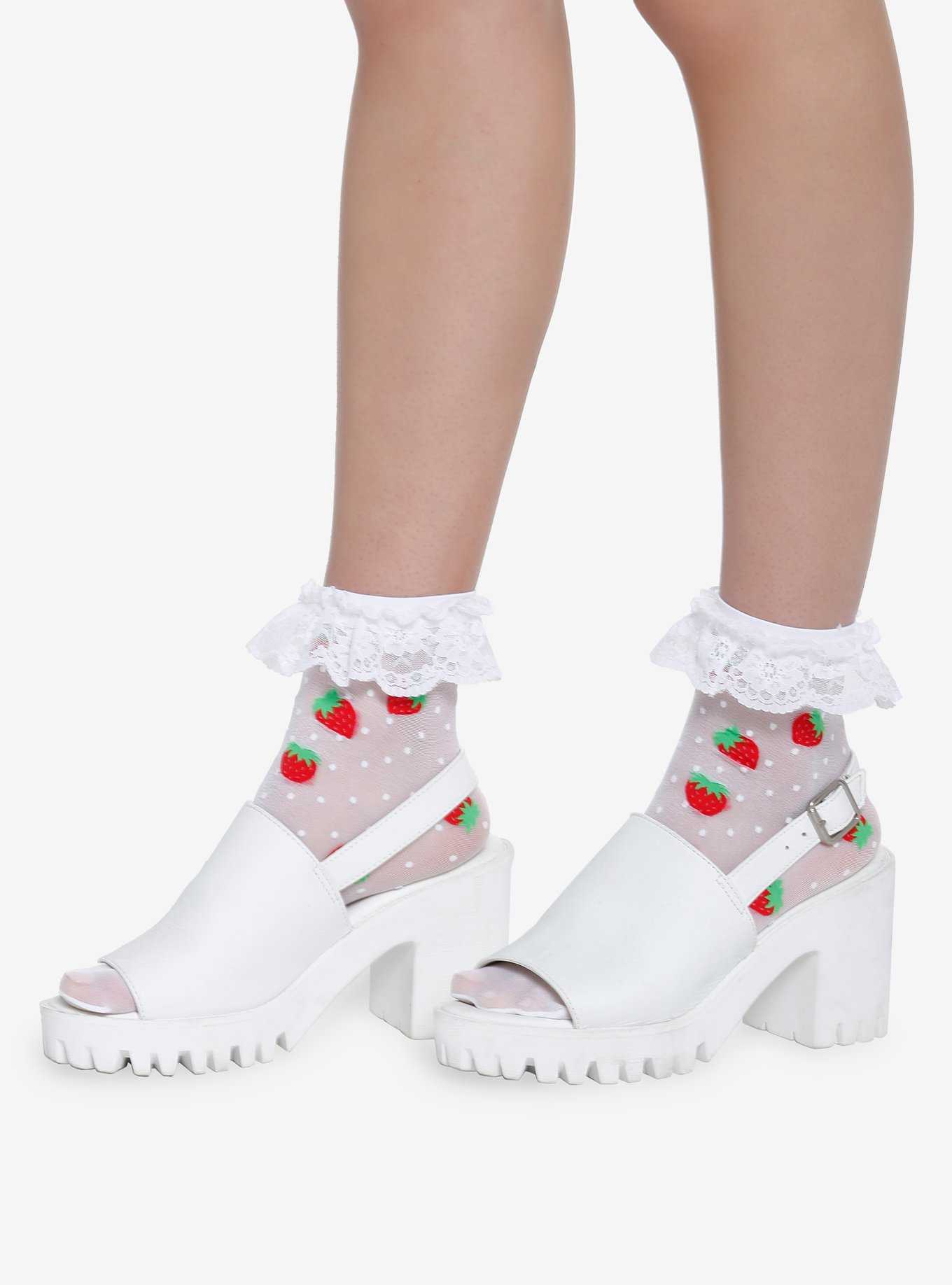 White Strawberry Lace Ankle Socks, , hi-res