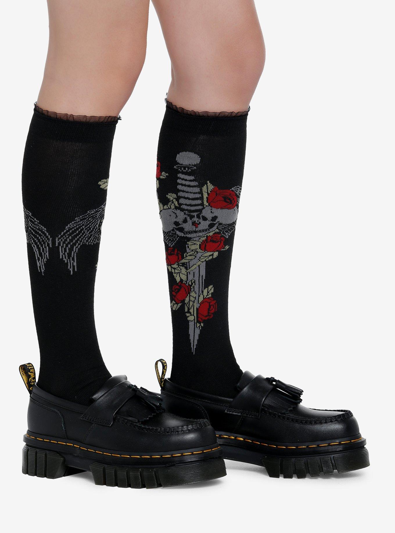 Rose Skull Dagger Knee-High Socks, , alternate