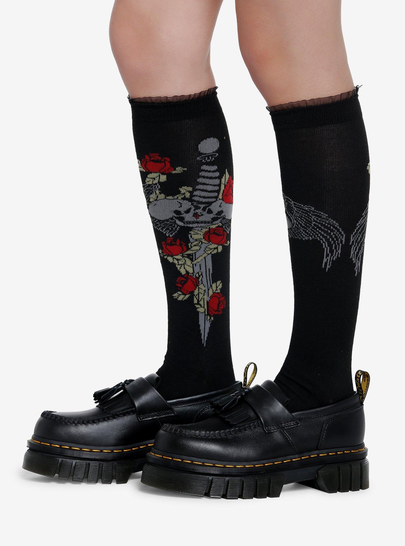 Rose Skull Dagger Knee-High Socks, , alternate