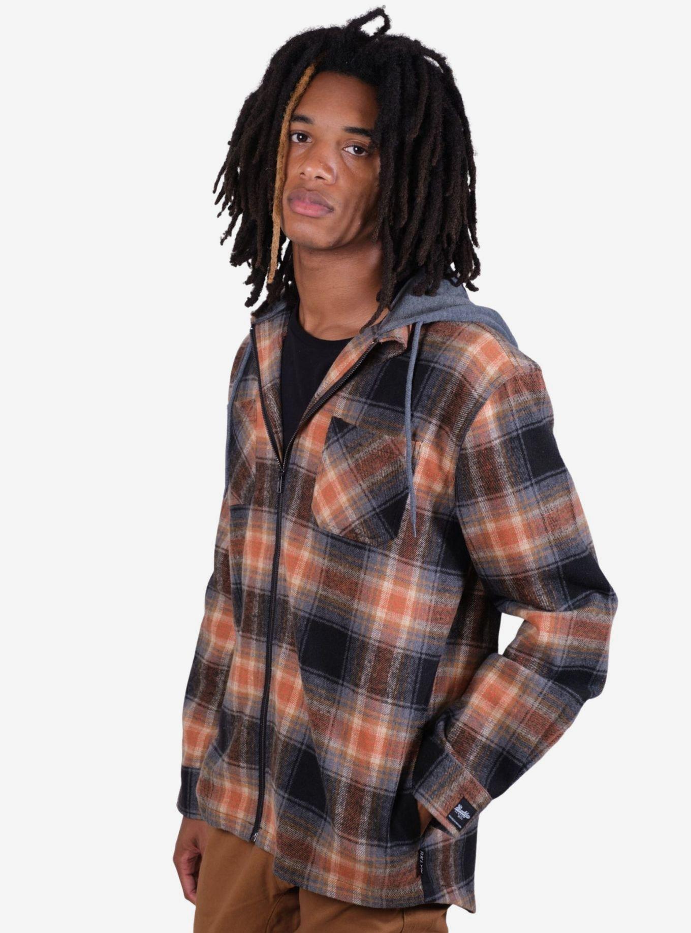 Brown Flannel Hooded Zip Shacket, BROWN, alternate