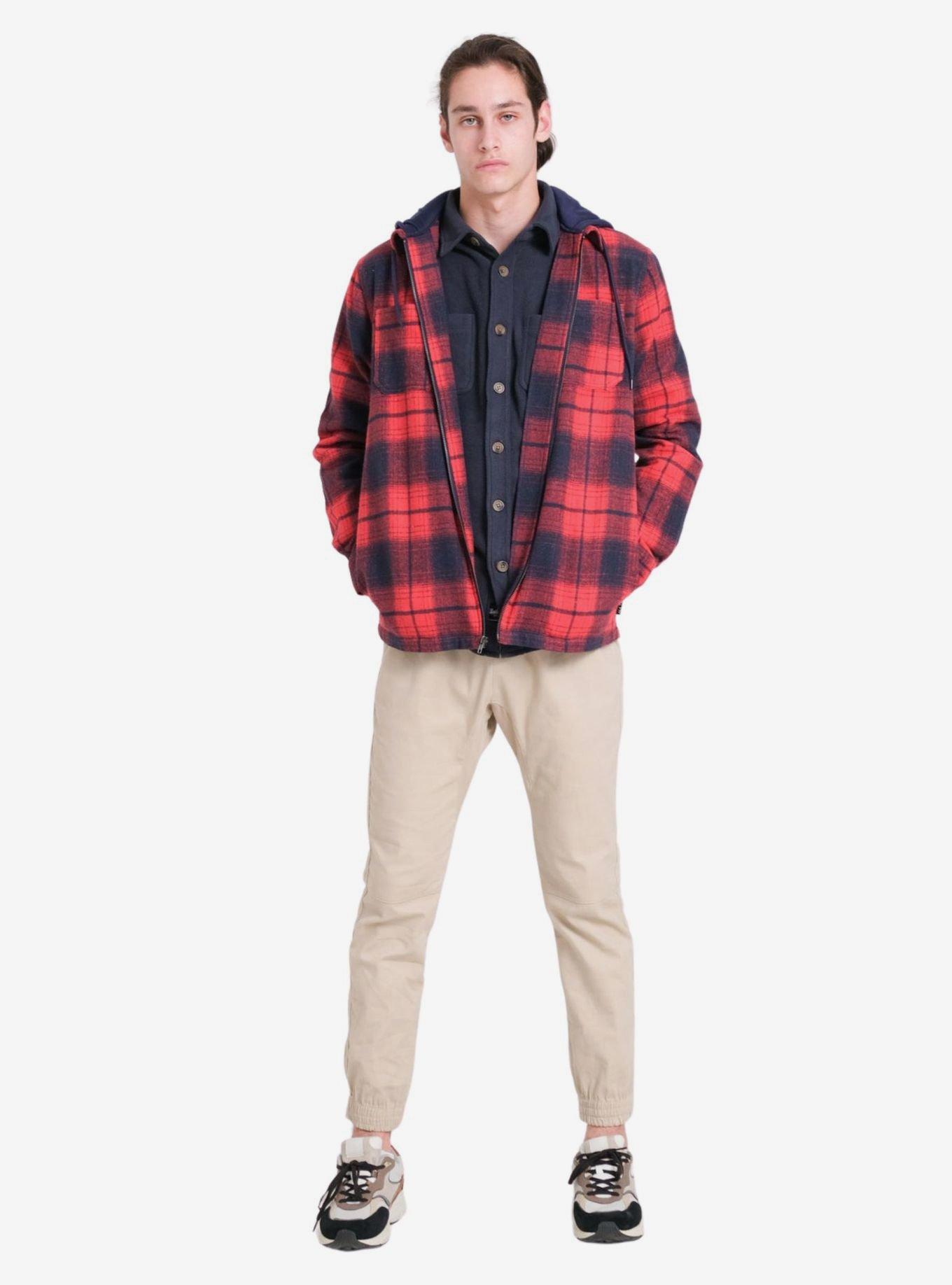 Red Navy Flannel Hooded Zip Shacket, RED, alternate