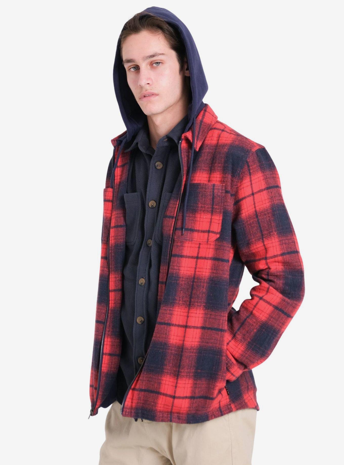 Red Navy Flannel Hooded Zip Shacket