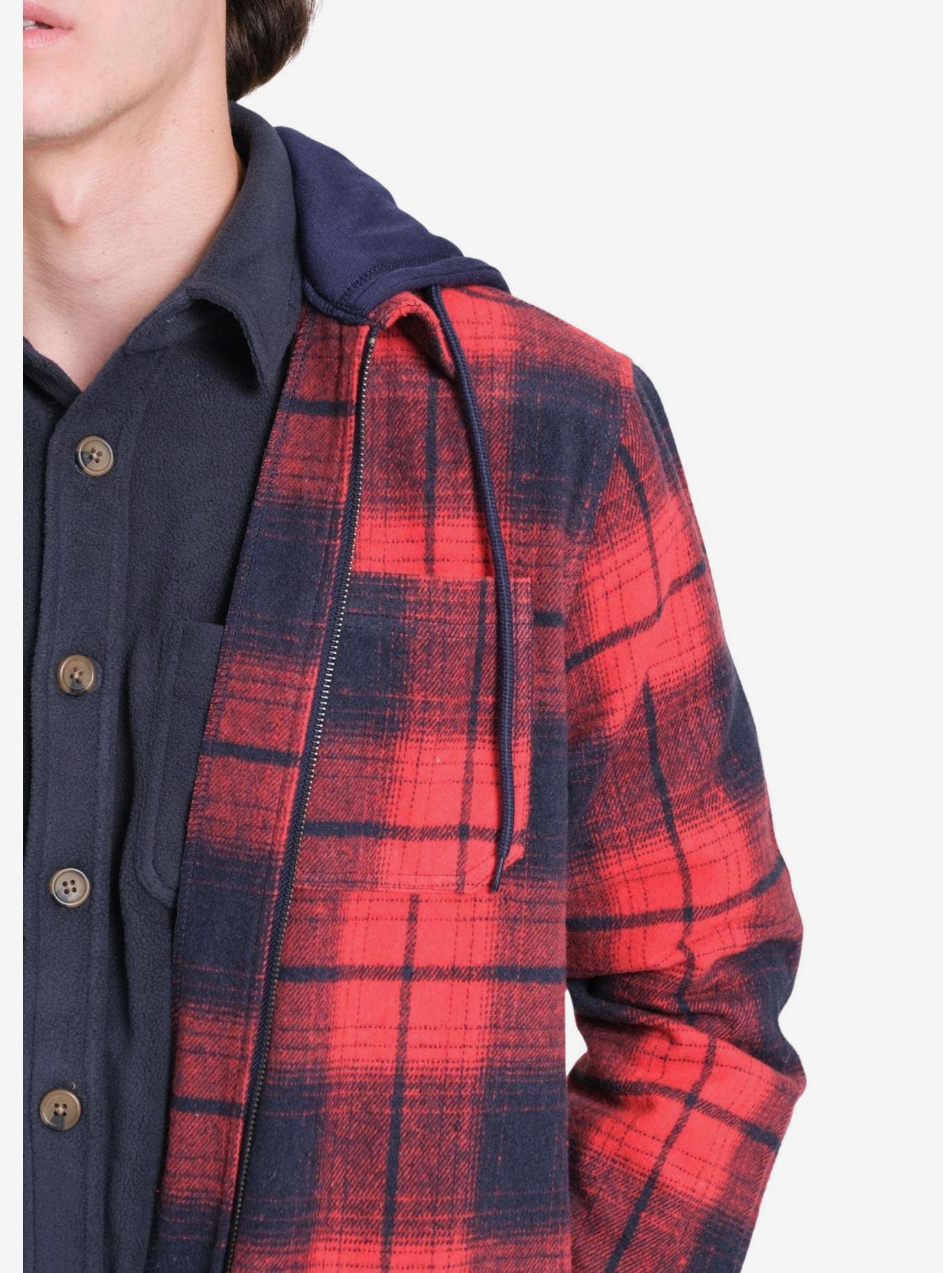 Red Navy Flannel Hooded Zip Shacket, RED, alternate