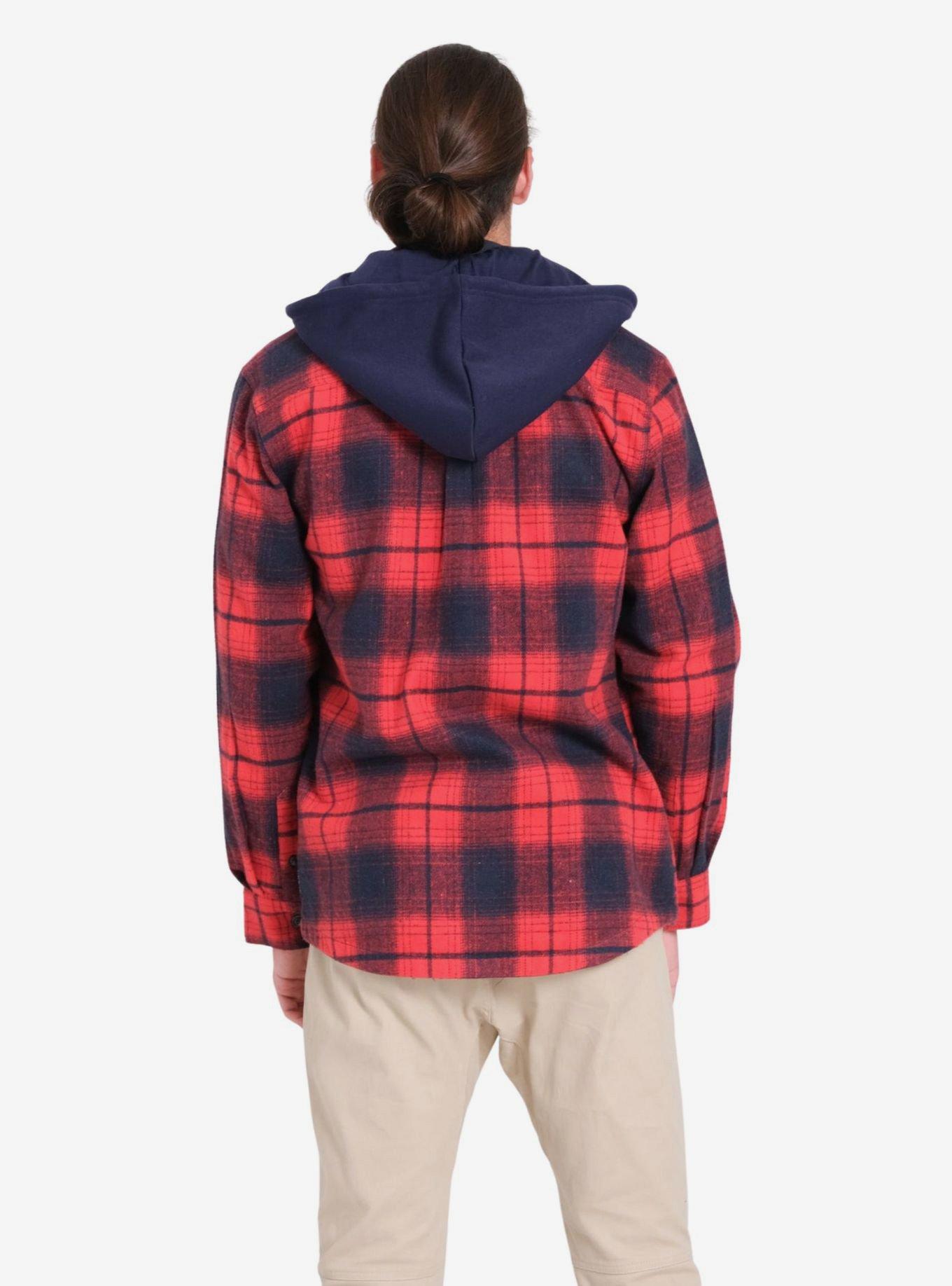 Red Navy Flannel Hooded Zip Shacket, RED, alternate