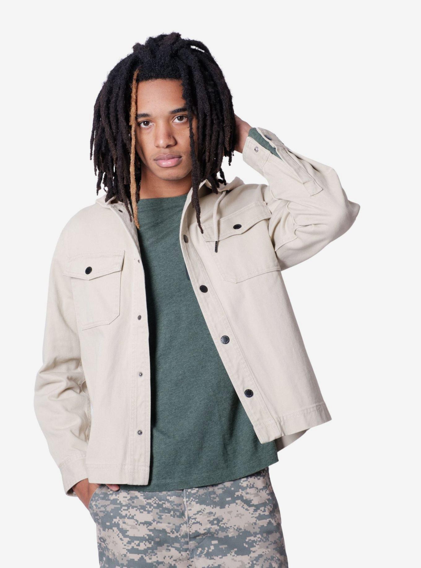 Sand Bull Denim Snap Front Hooded Jacket, BEIGE, alternate