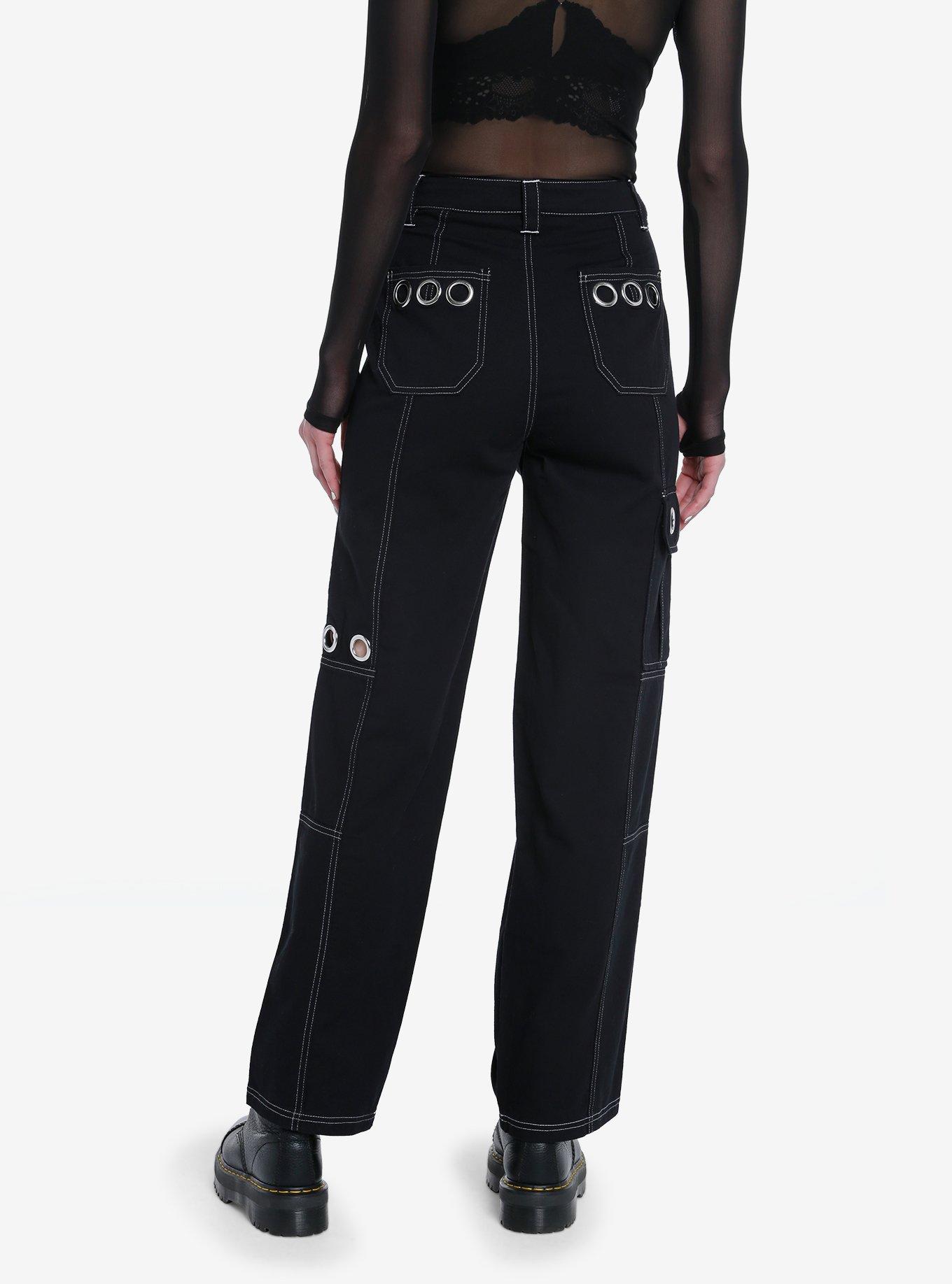 Black White Contrast Grommet Carpenter Pants, BLACK  WHITE, alternate