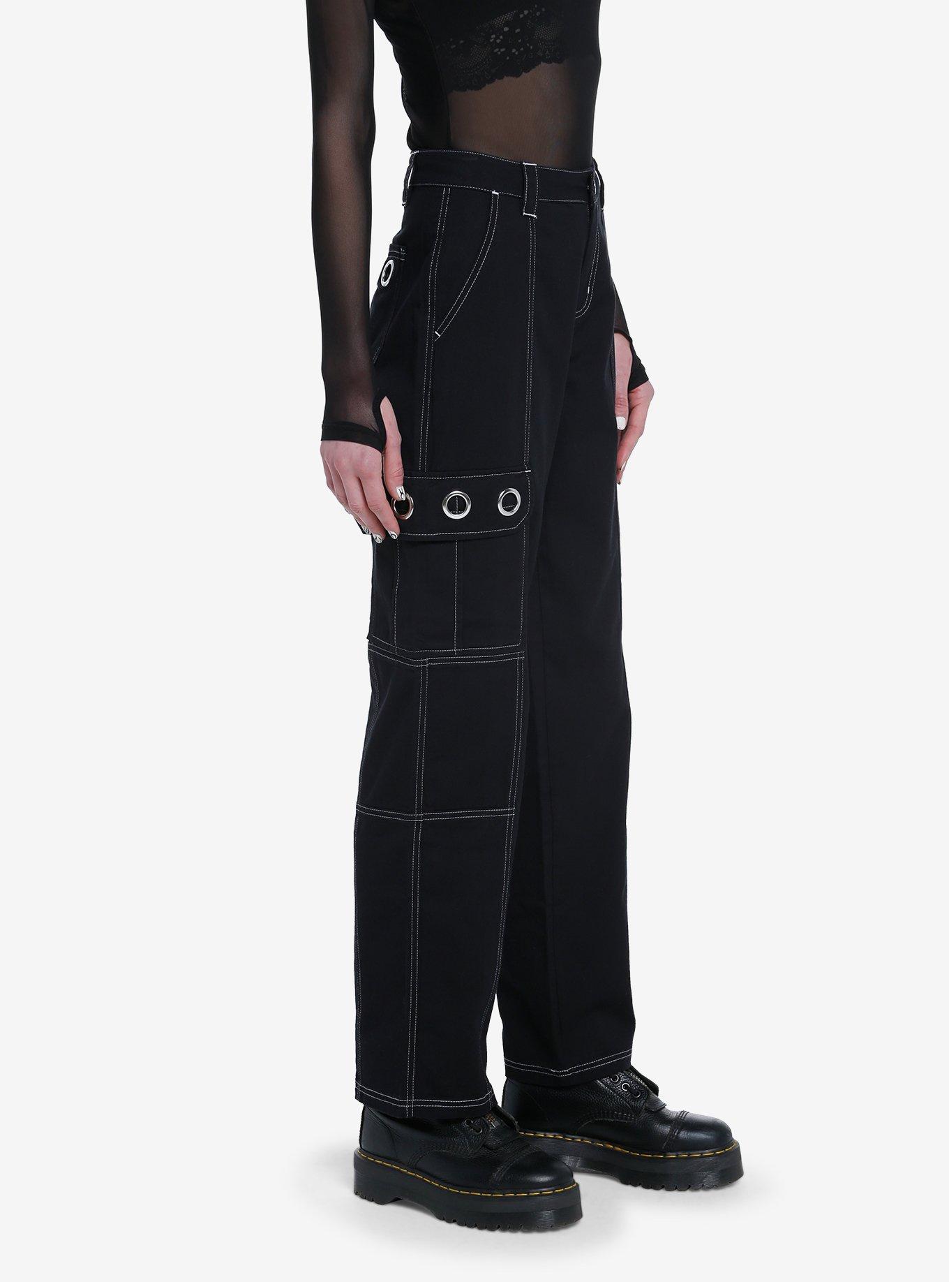 Black White Contrast Grommet Carpenter Pants, BLACK  WHITE, alternate