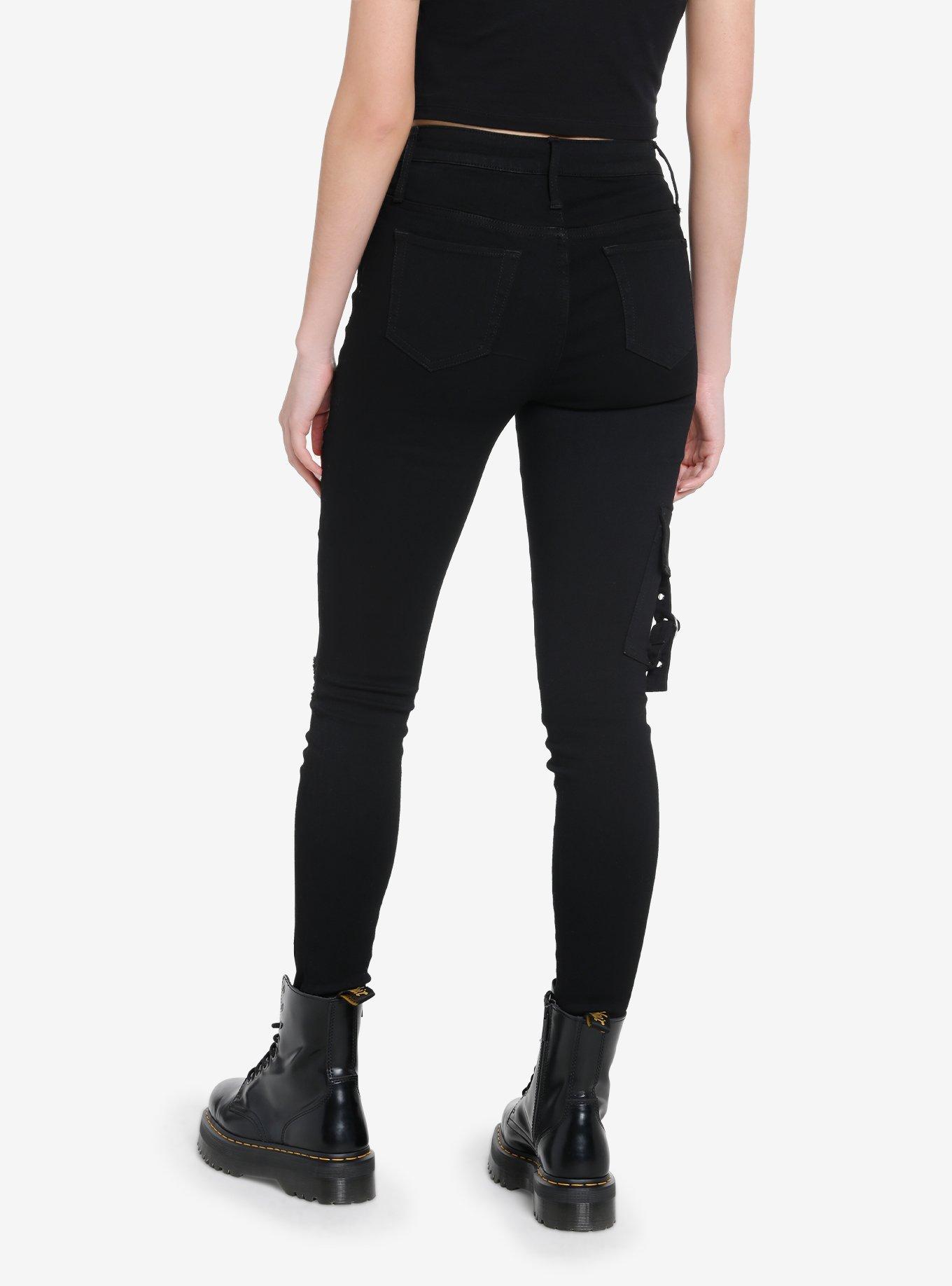 Black Zipper Grommet Super Skinny Jeans, BLACK, alternate