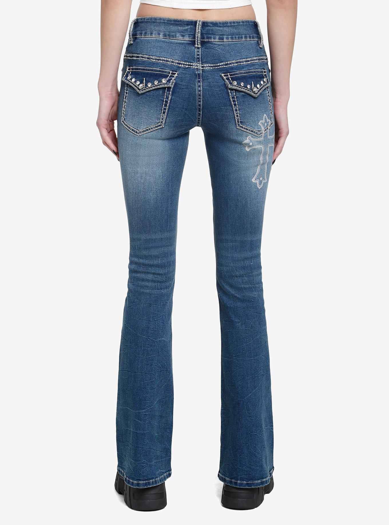 Winged Skull Cross Flare Denim Pants, , hi-res