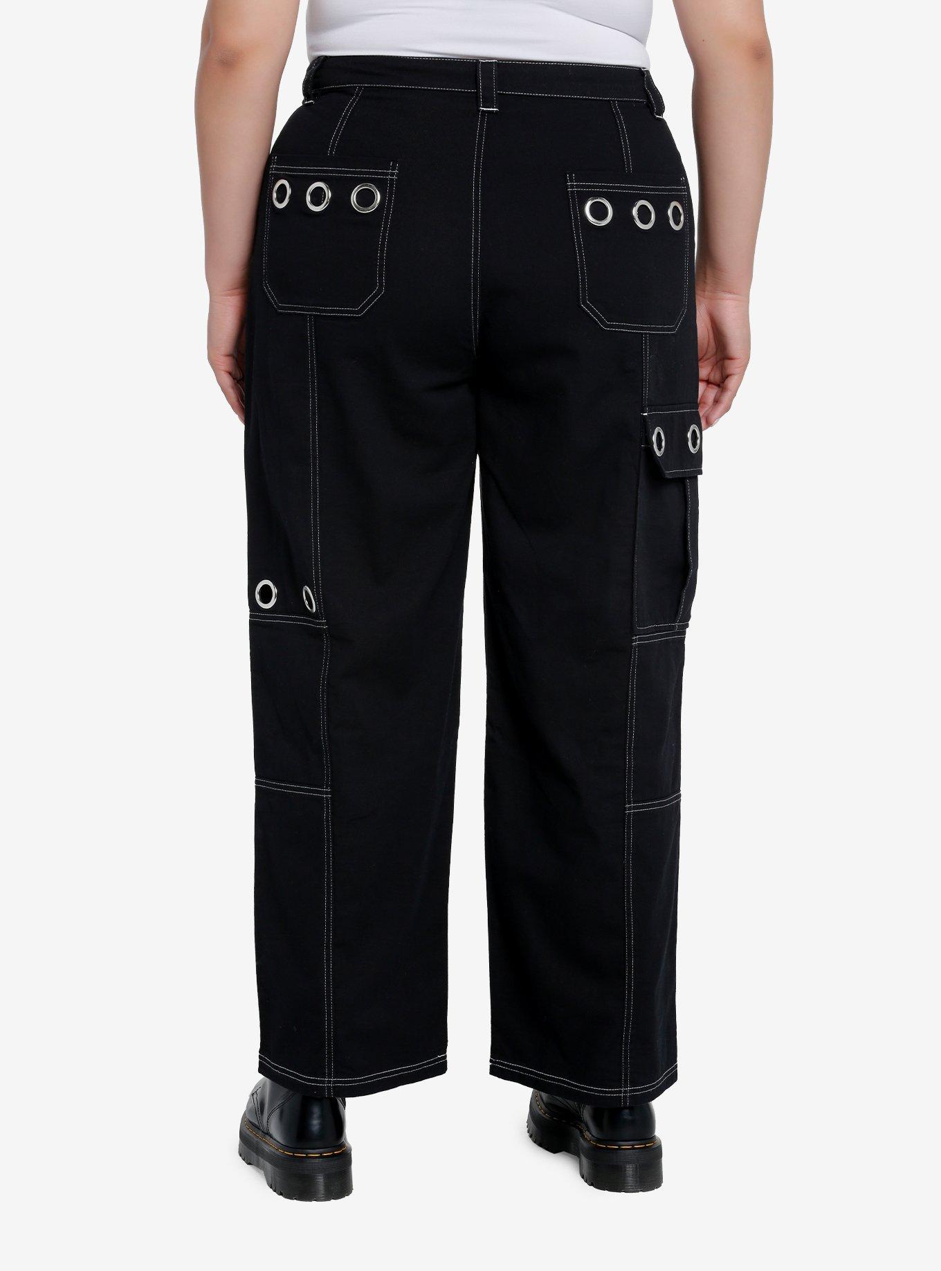 Black White Contrast Grommet Carpenter Pants Plus Size, BLACK  WHITE, alternate