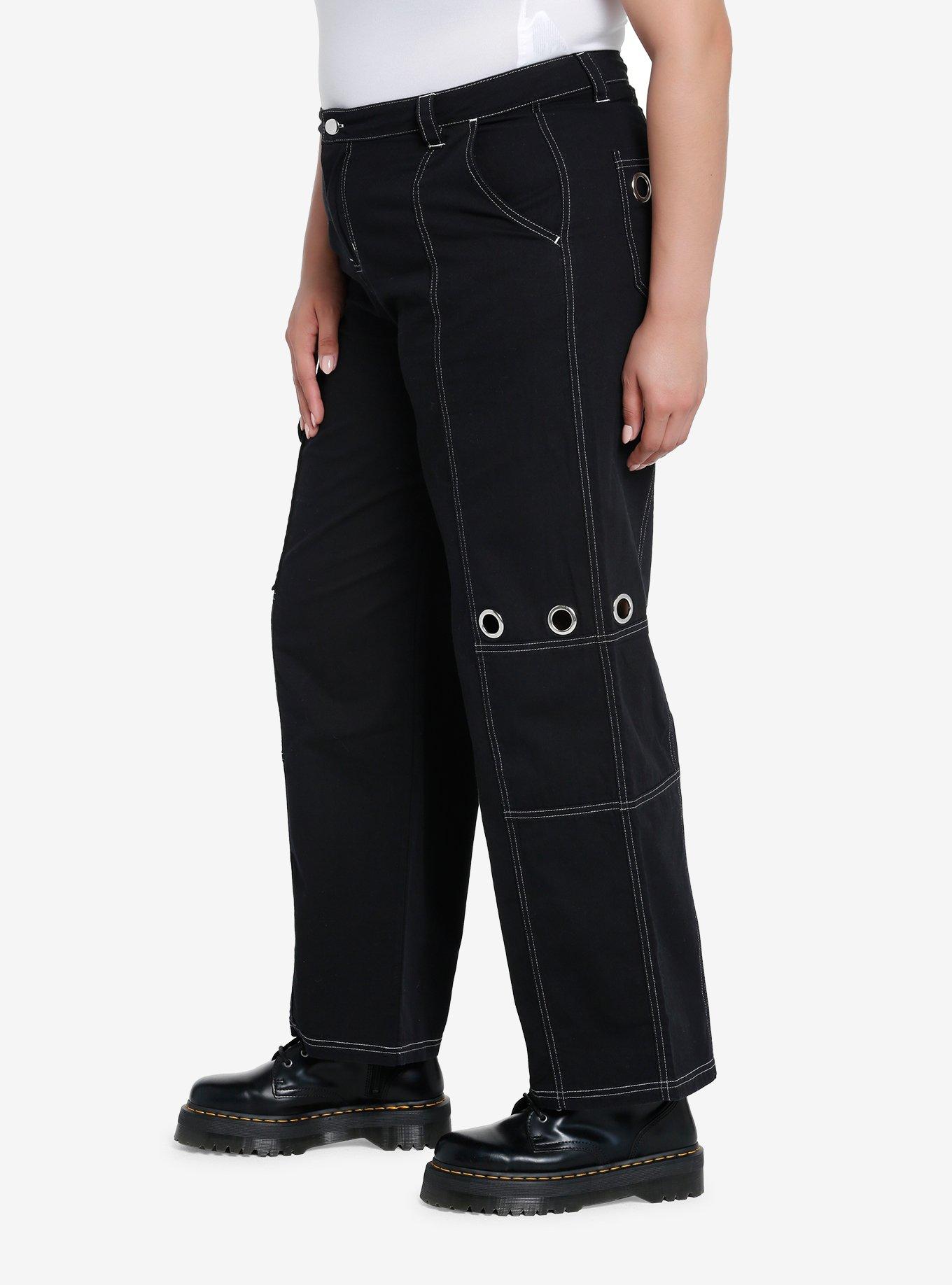 Black White Contrast Grommet Carpenter Pants Plus Size, BLACK  WHITE, alternate