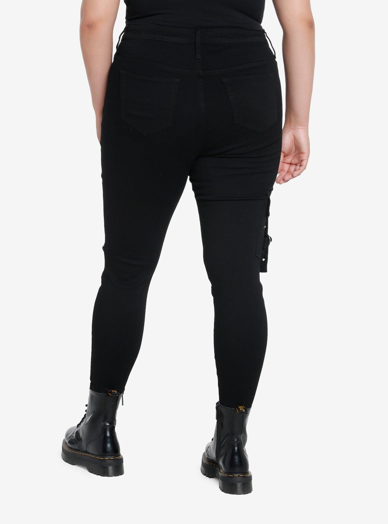 Black Zipper Grommet Super Skinny Jeans Plus Size, BLACK, alternate