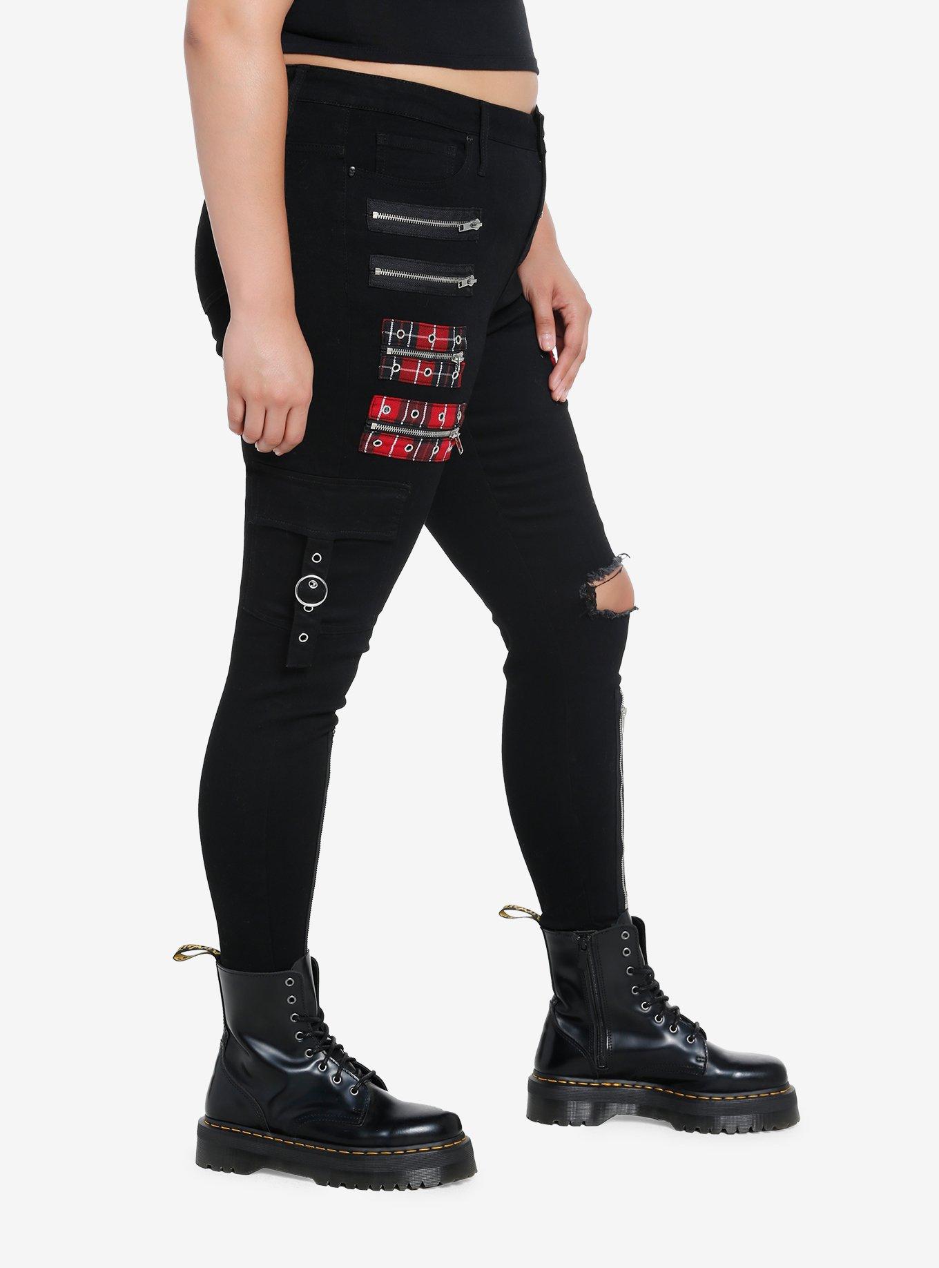 Black Zipper Grommet Super Skinny Jeans Plus Size, BLACK, alternate