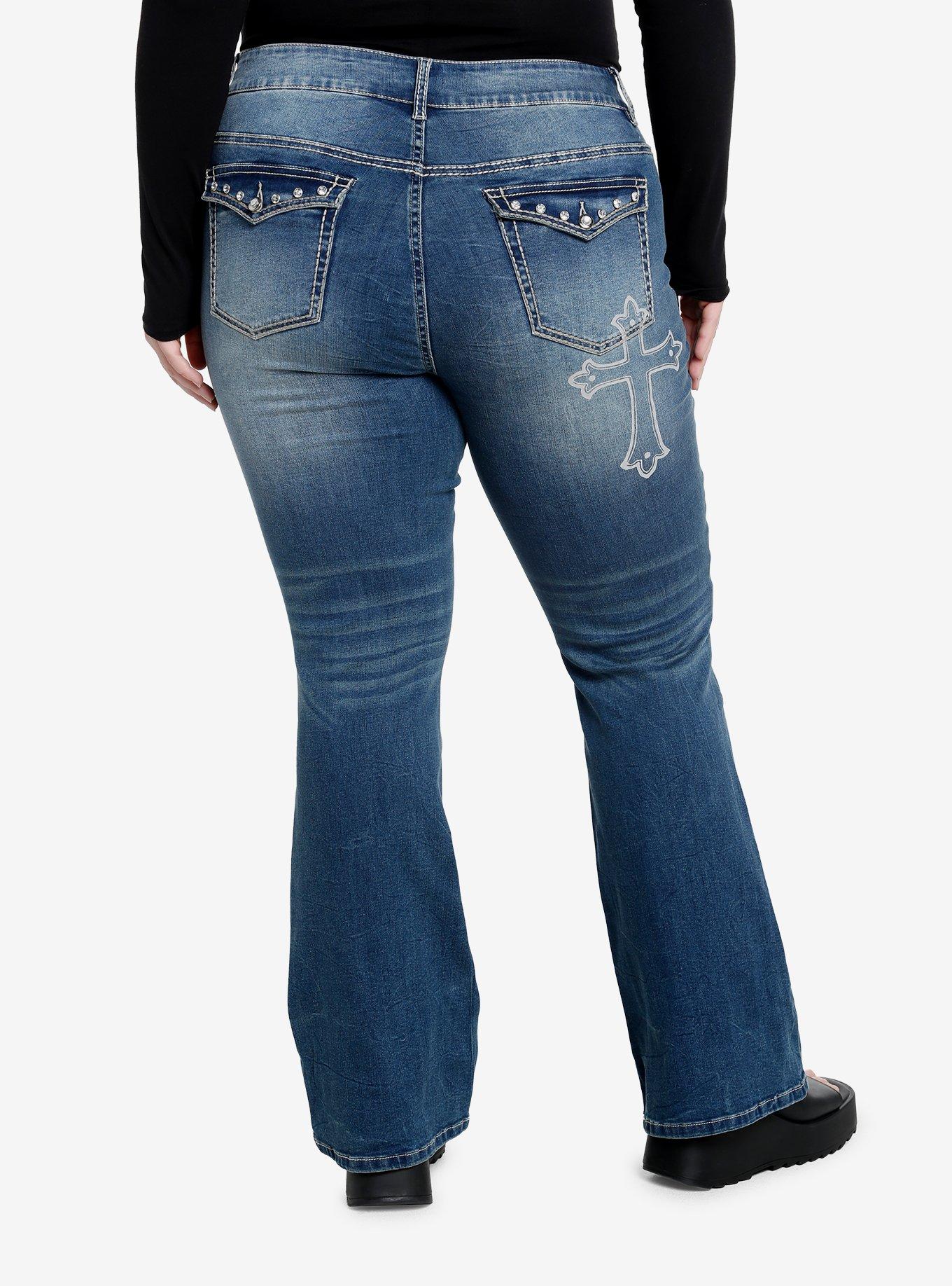Winged Skull Cross Flare Denim Pants Plus Size, INDIGO, alternate
