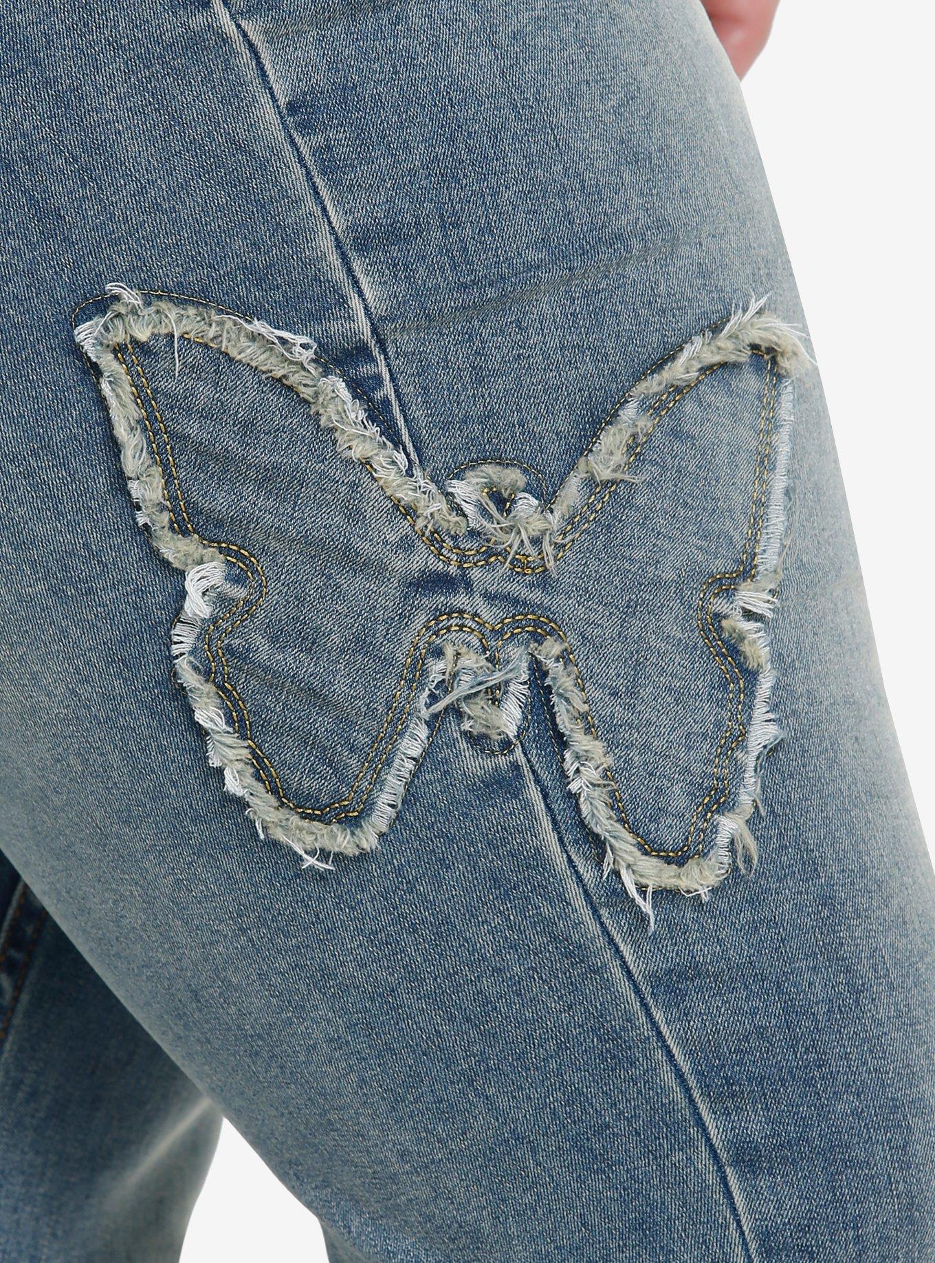 Butterfly Patch Flare Denim Pants Plus Size, INDIGO, alternate